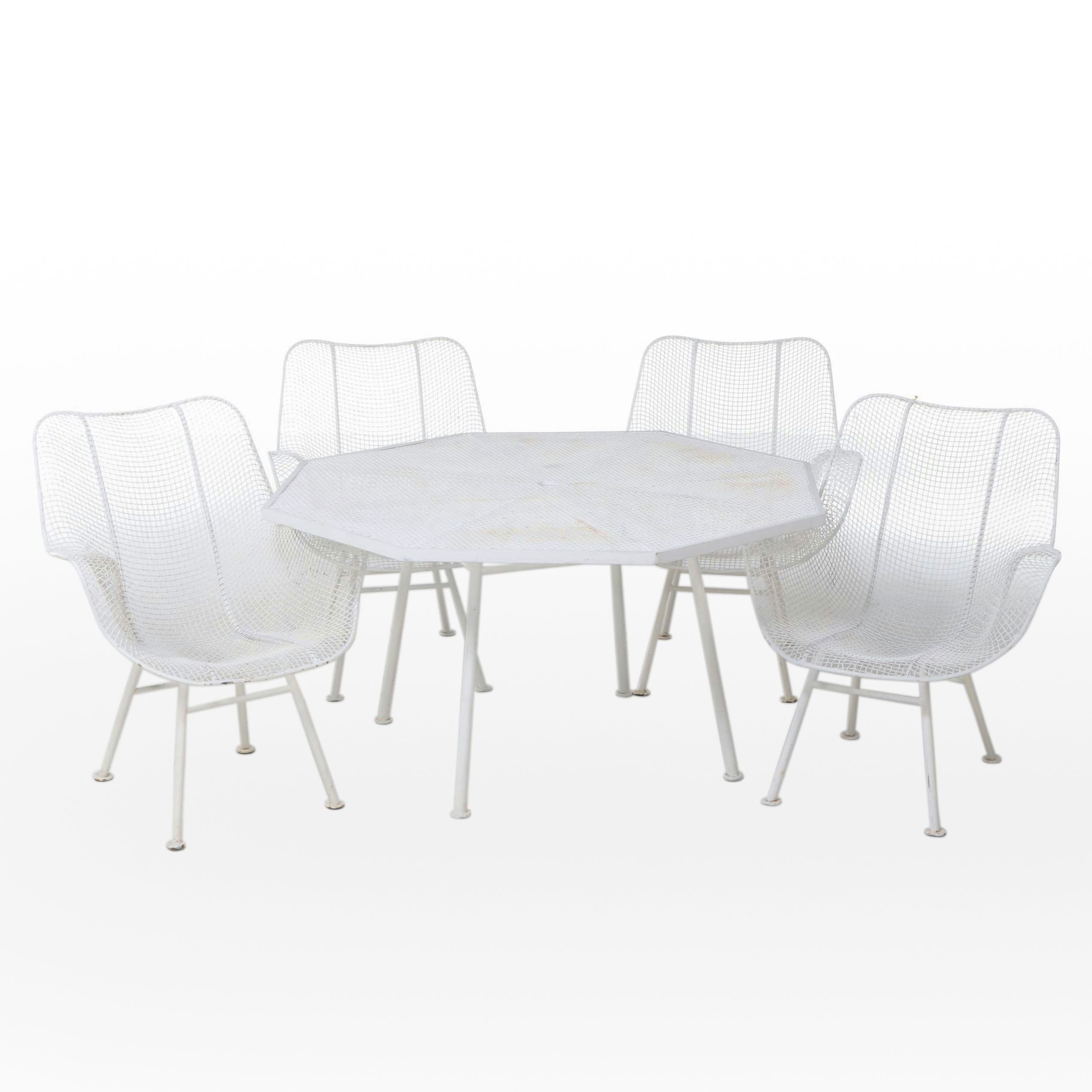 Four Russell Woodard "Sculptura" Mesh Patio Chairs with Octagonal Dining Table