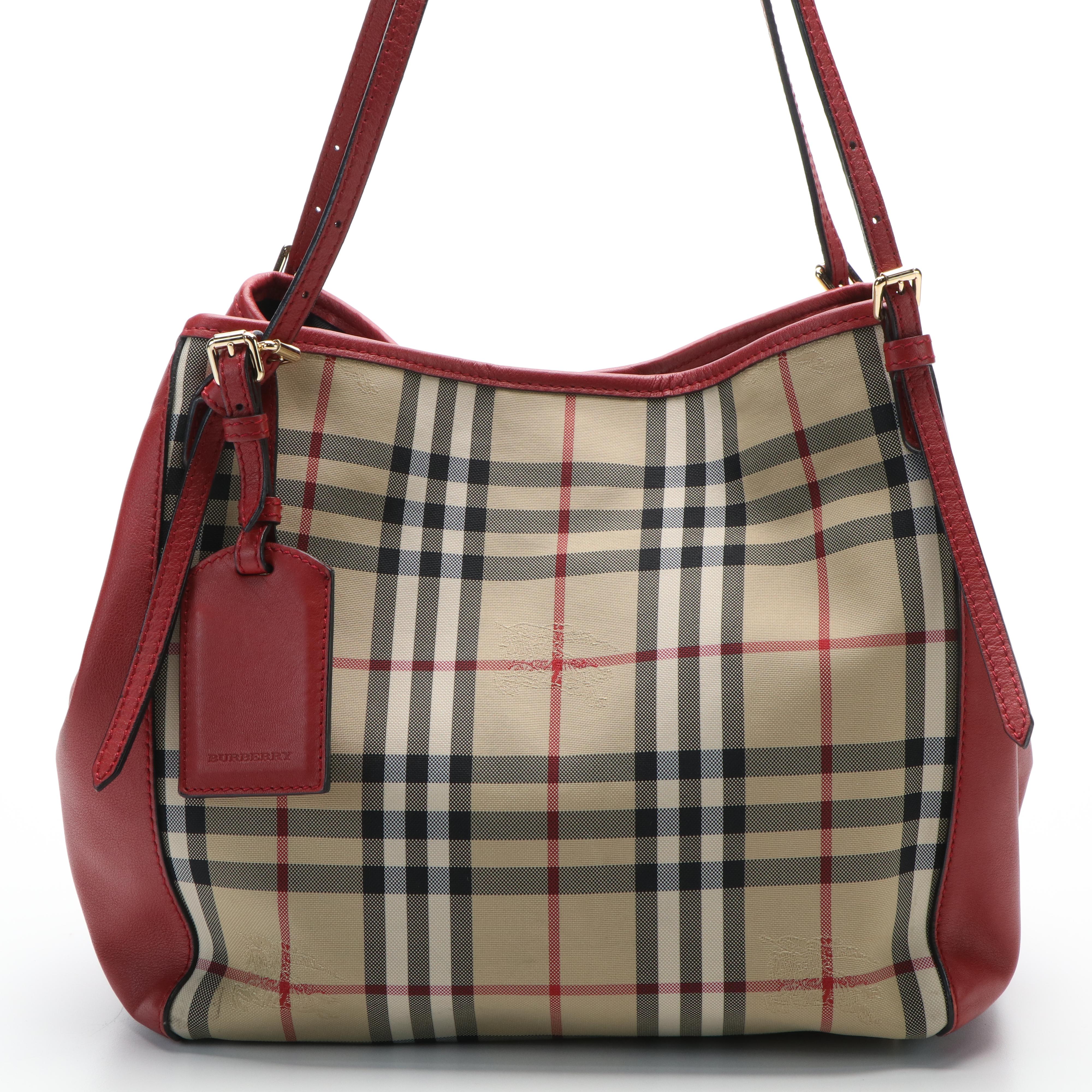 Burberry Canterbury House Check Canvas and Red Leather Tote Bag