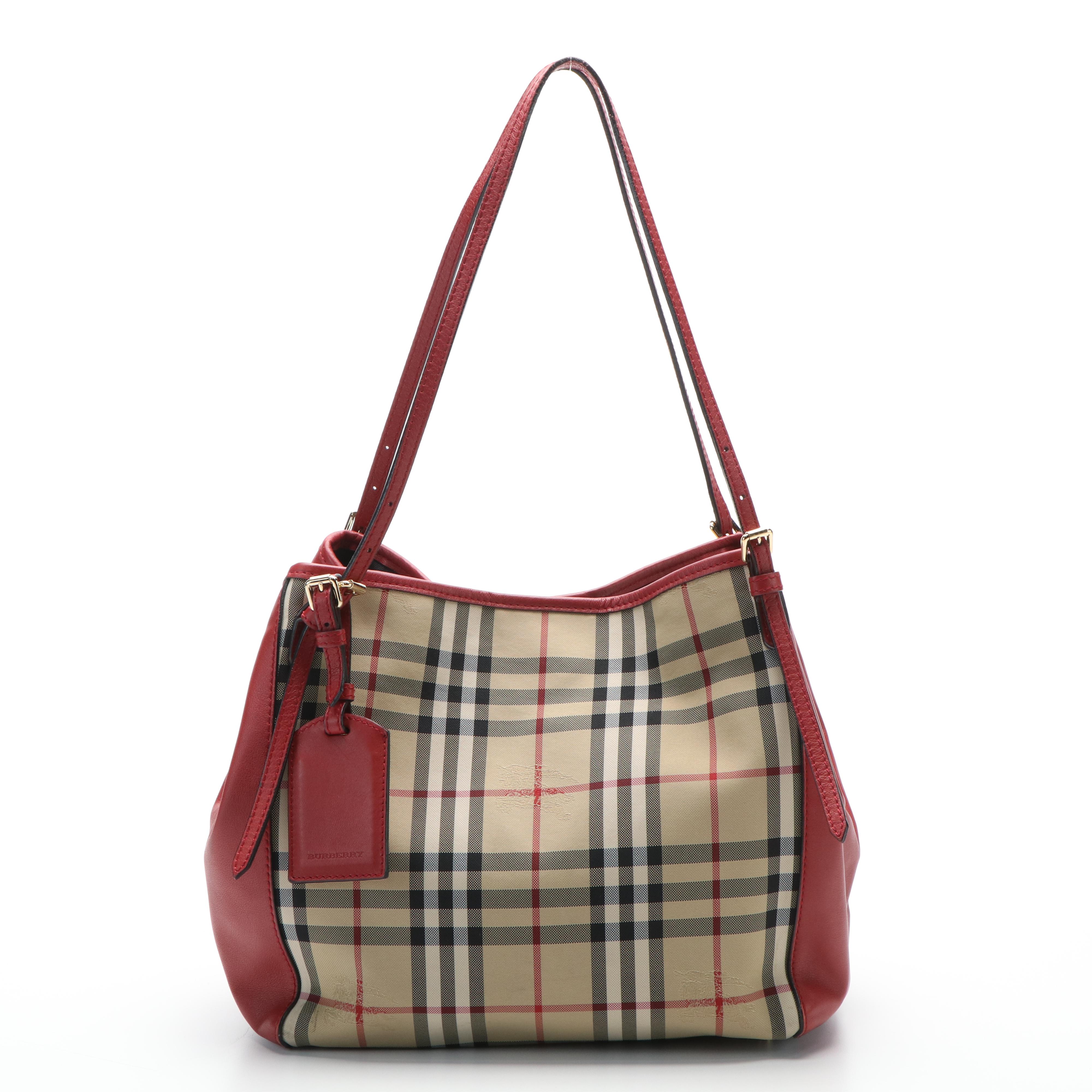 Burberry Canterbury House Check Canvas and Red Leather Tote Bag