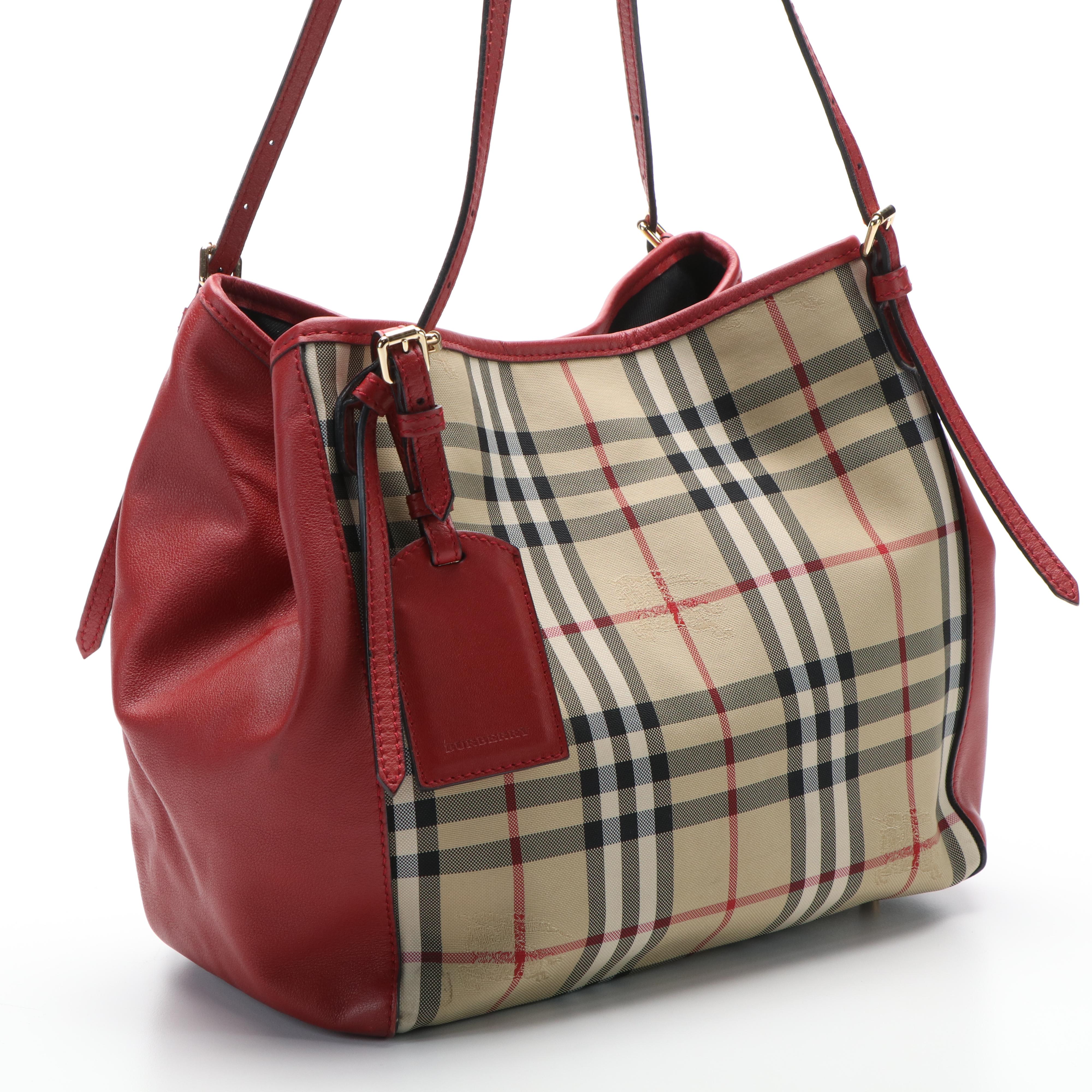 Burberry Canterbury House Check Canvas and Red Leather Tote Bag