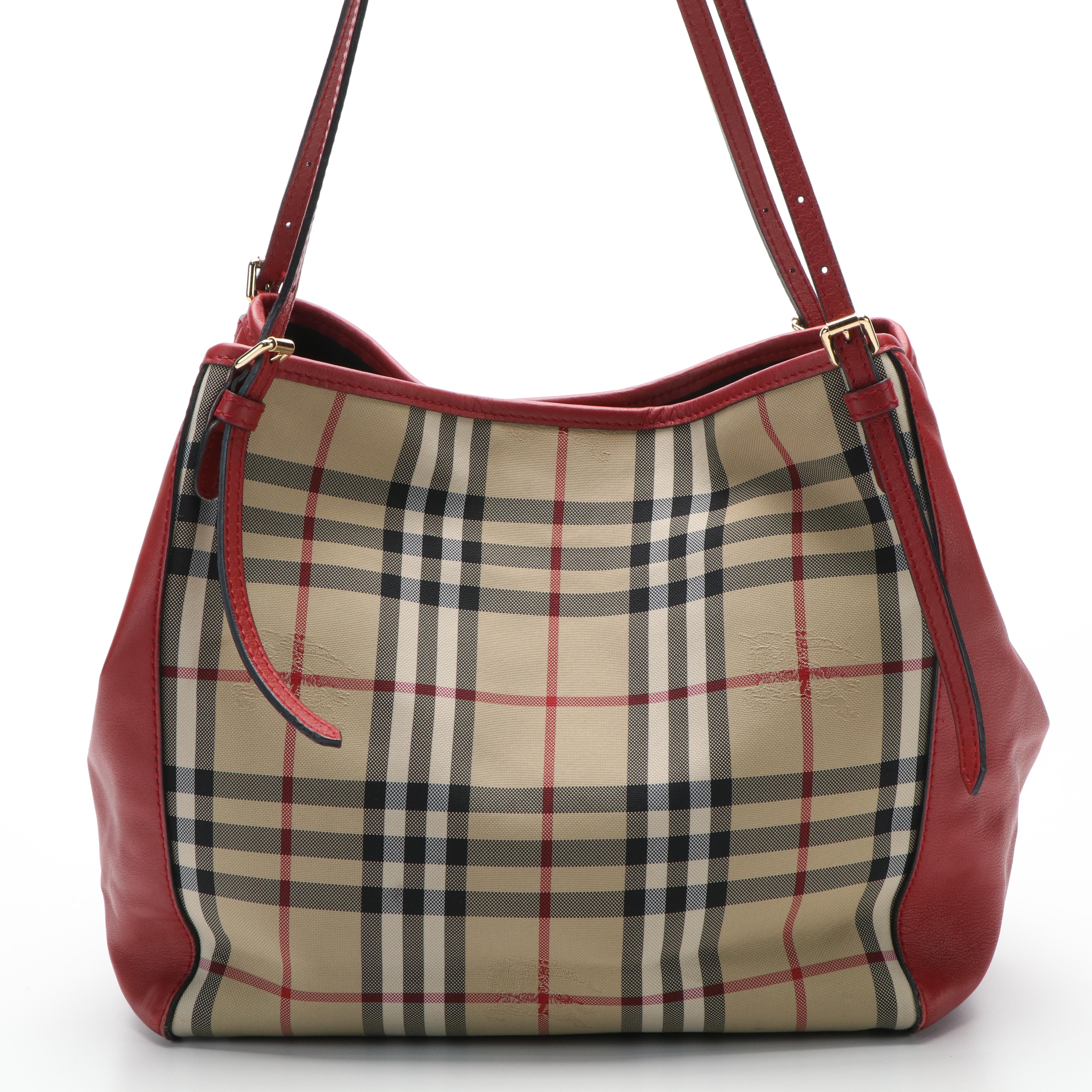 Burberry Canterbury House Check Canvas and Red Leather Tote Bag