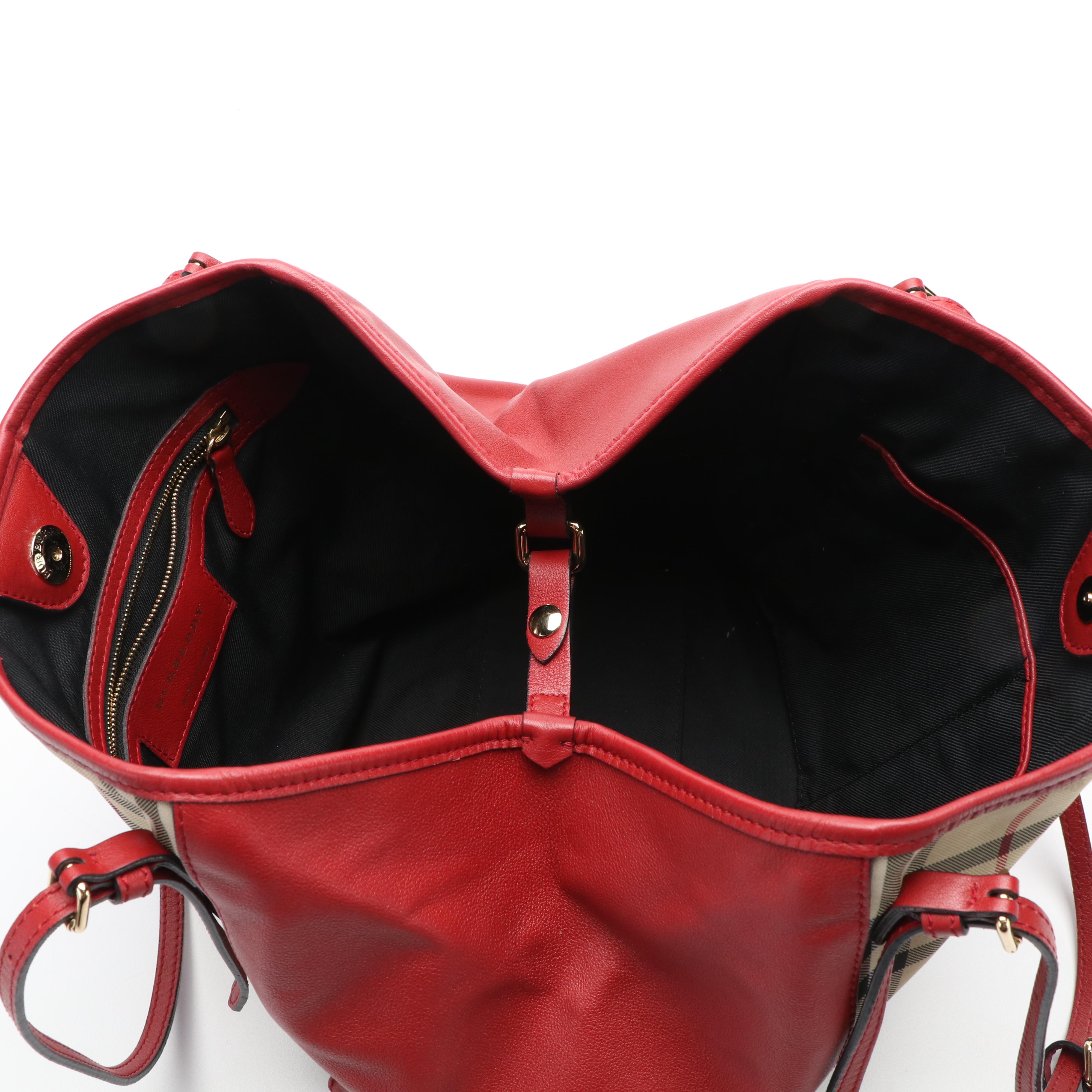 Burberry Canterbury House Check Canvas and Red Leather Tote Bag