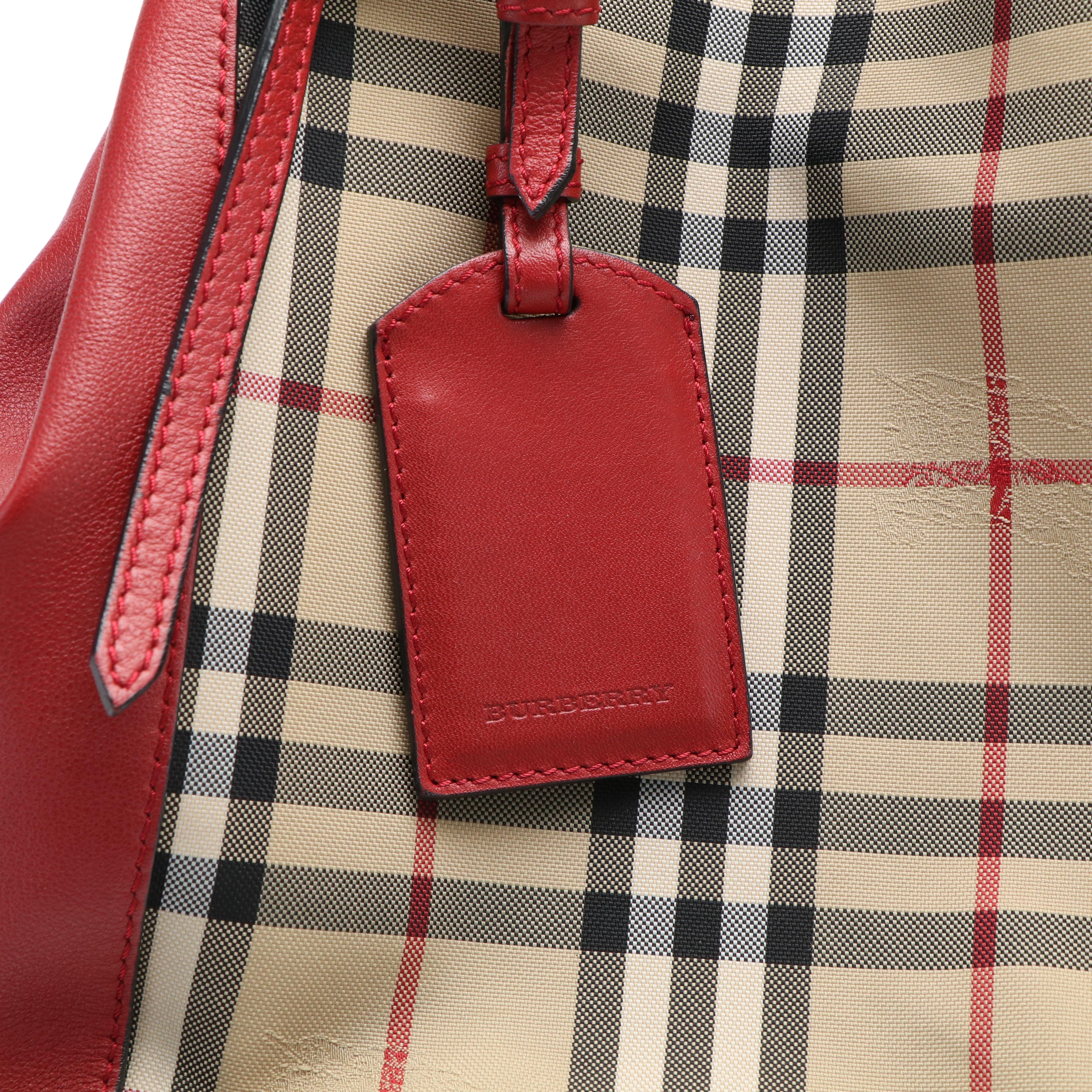 Burberry Canterbury House Check Canvas and Red Leather Tote Bag