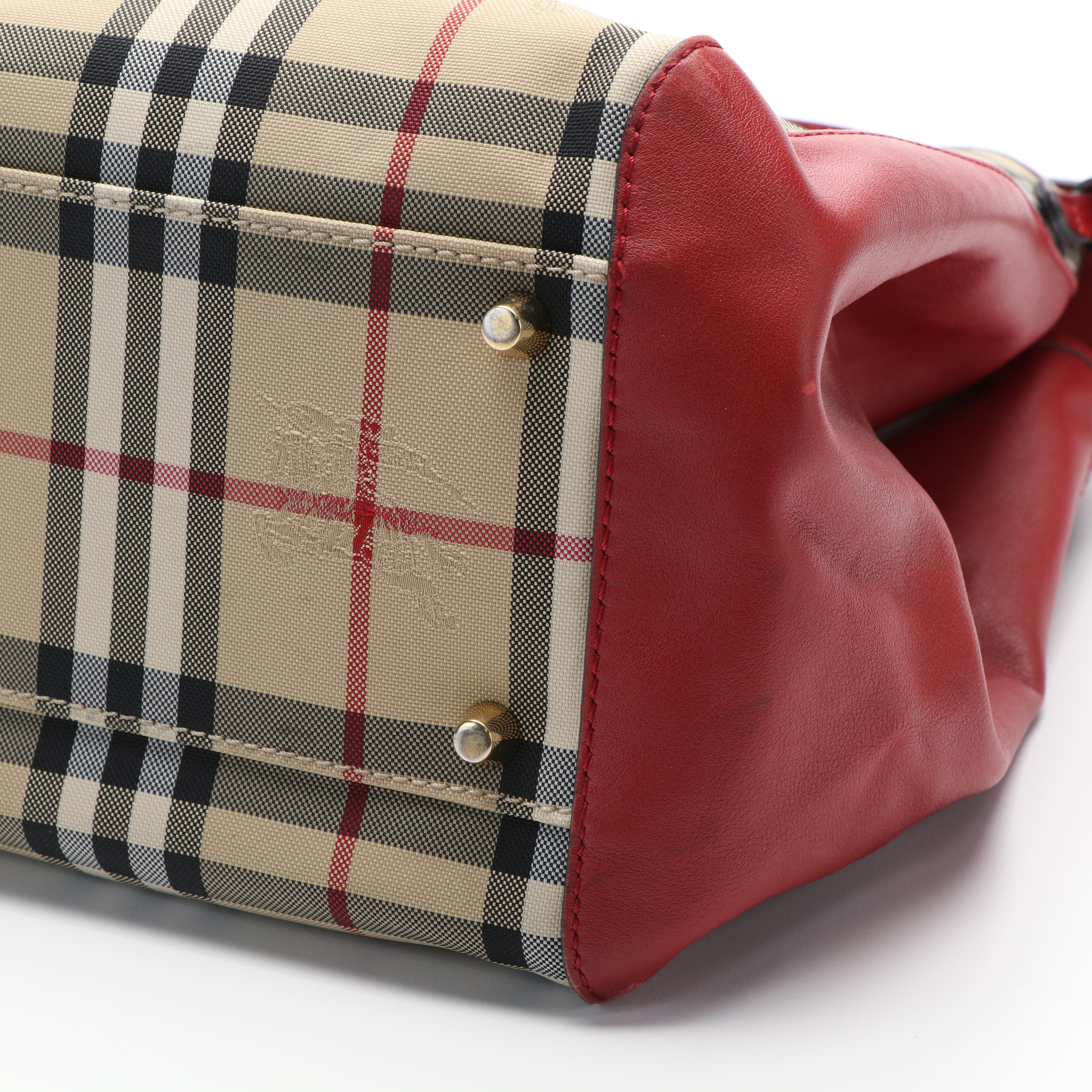 Burberry Canterbury House Check Canvas and Red Leather Tote Bag