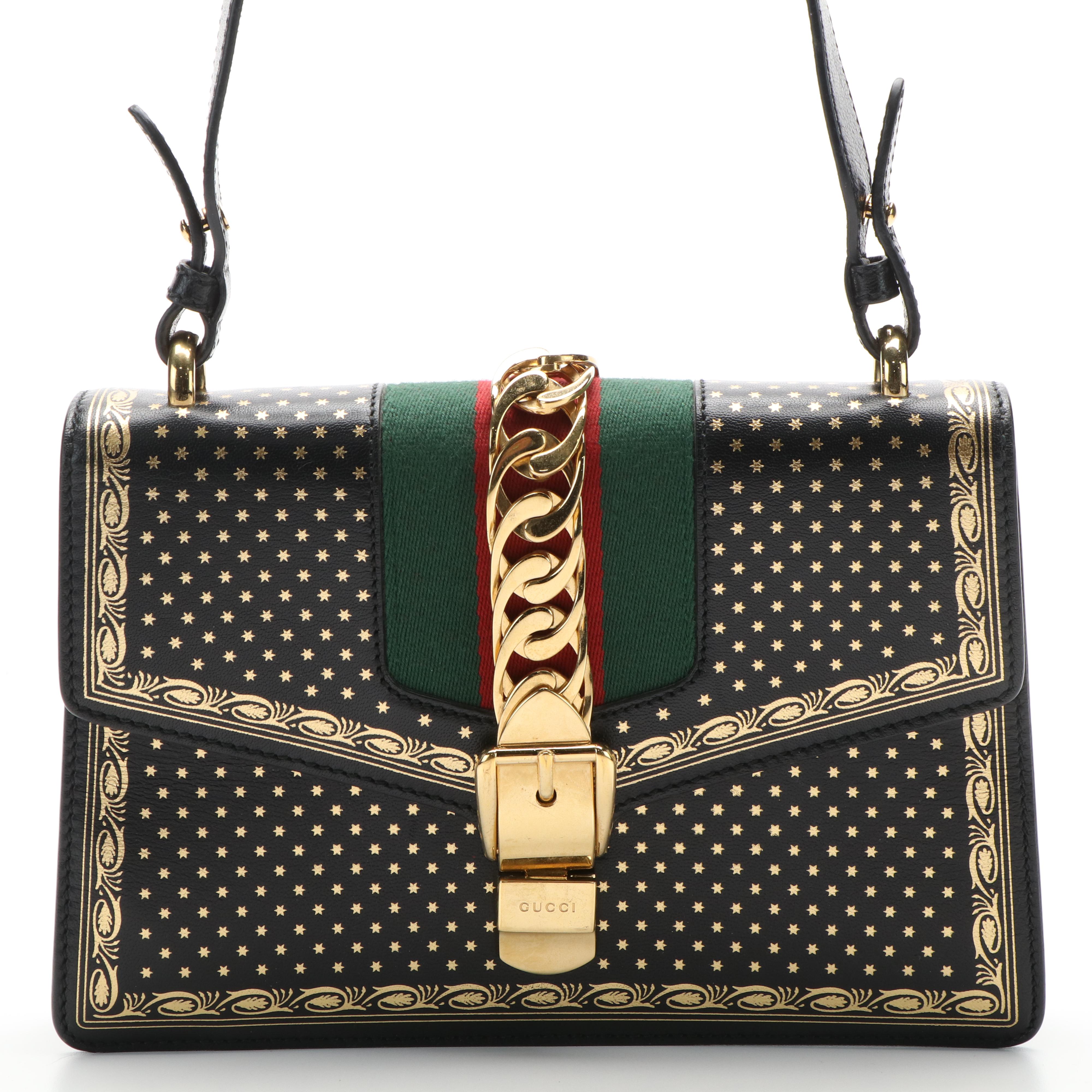 Gucci Sylvie Sherry Line Top Handle Bag in Star Print Black Leather
