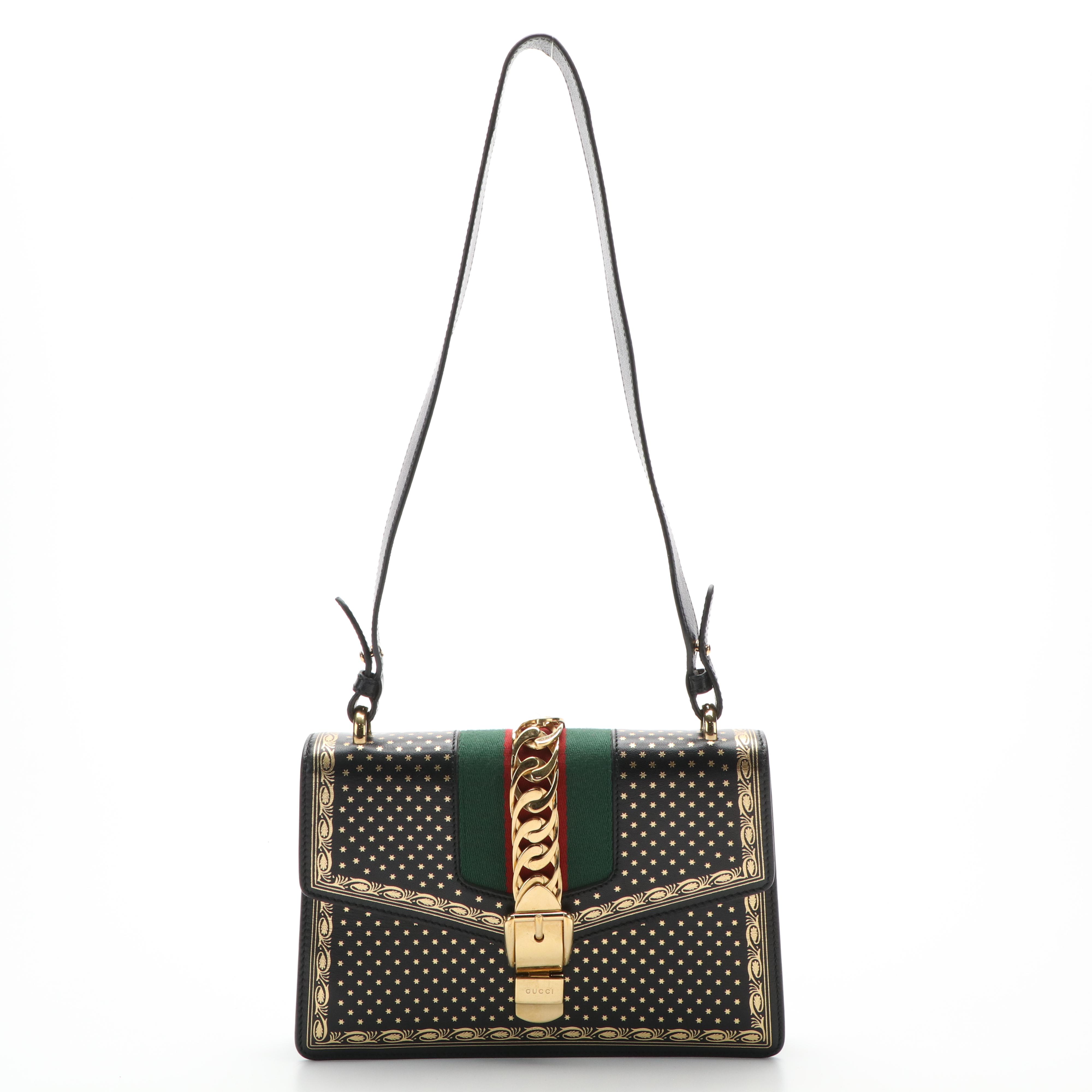 Gucci Sylvie Sherry Line Top Handle Bag in Star Print Black Leather