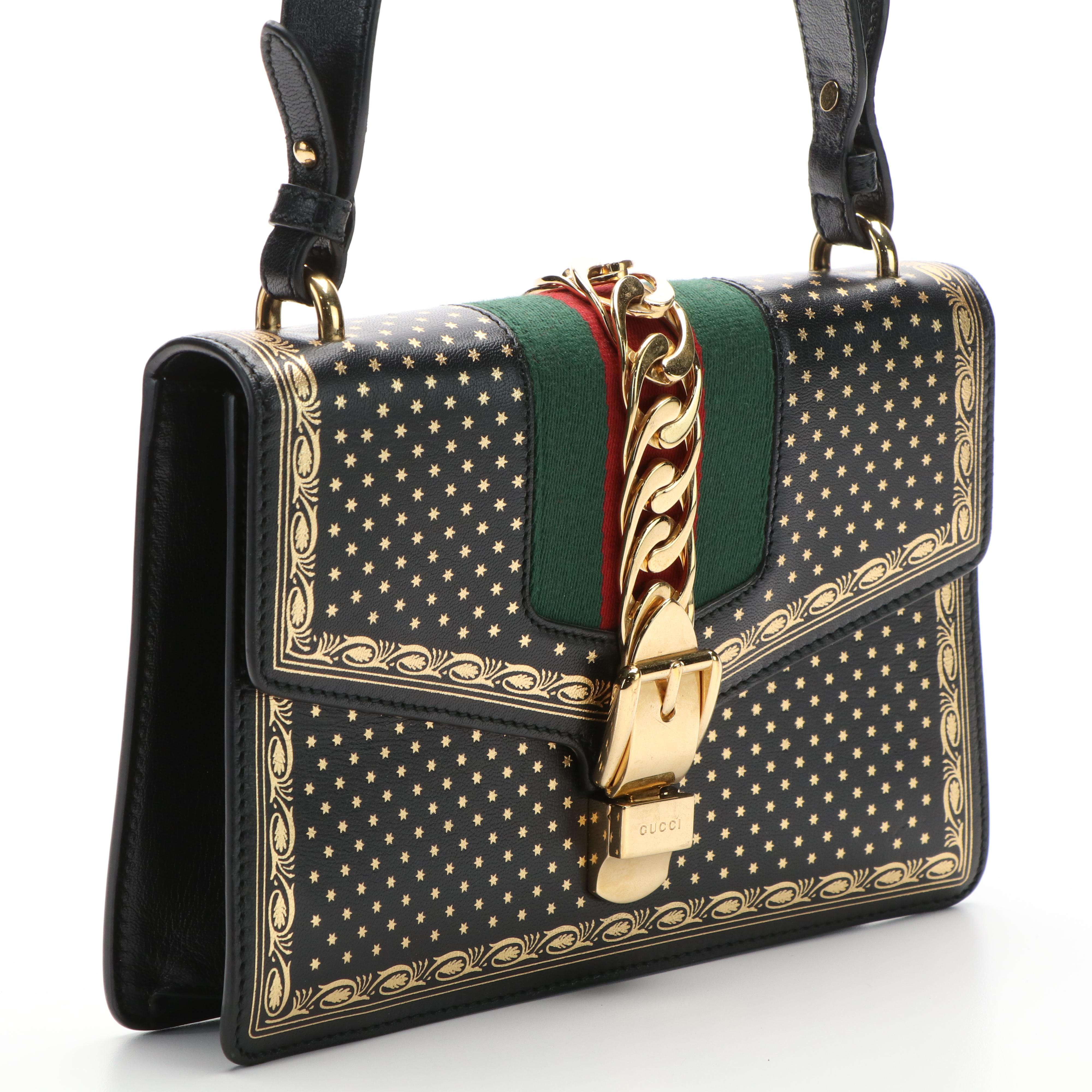 Gucci Sylvie Sherry Line Top Handle Bag in Star Print Black Leather
