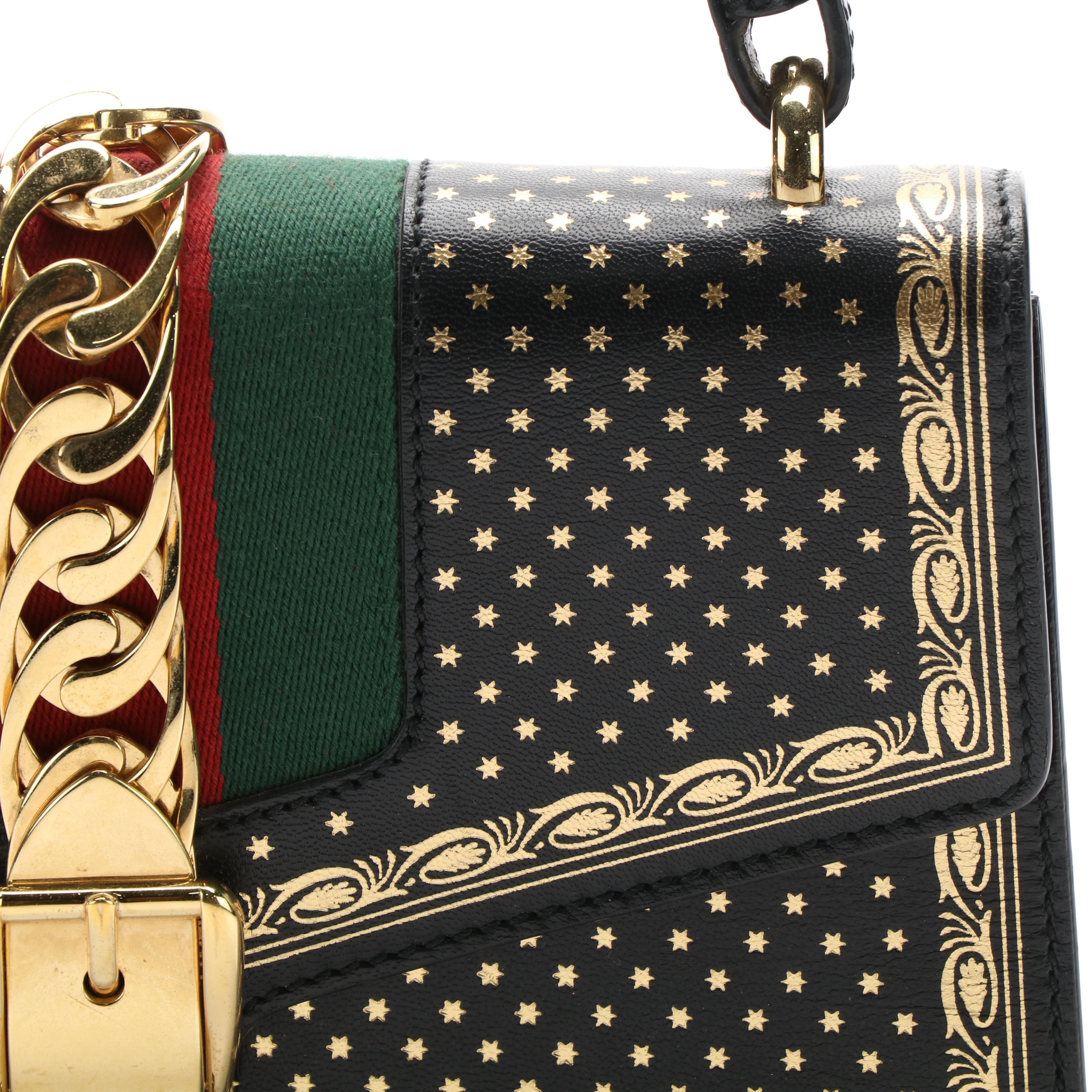 Gucci Sylvie Sherry Line Top Handle Bag in Star Print Black Leather