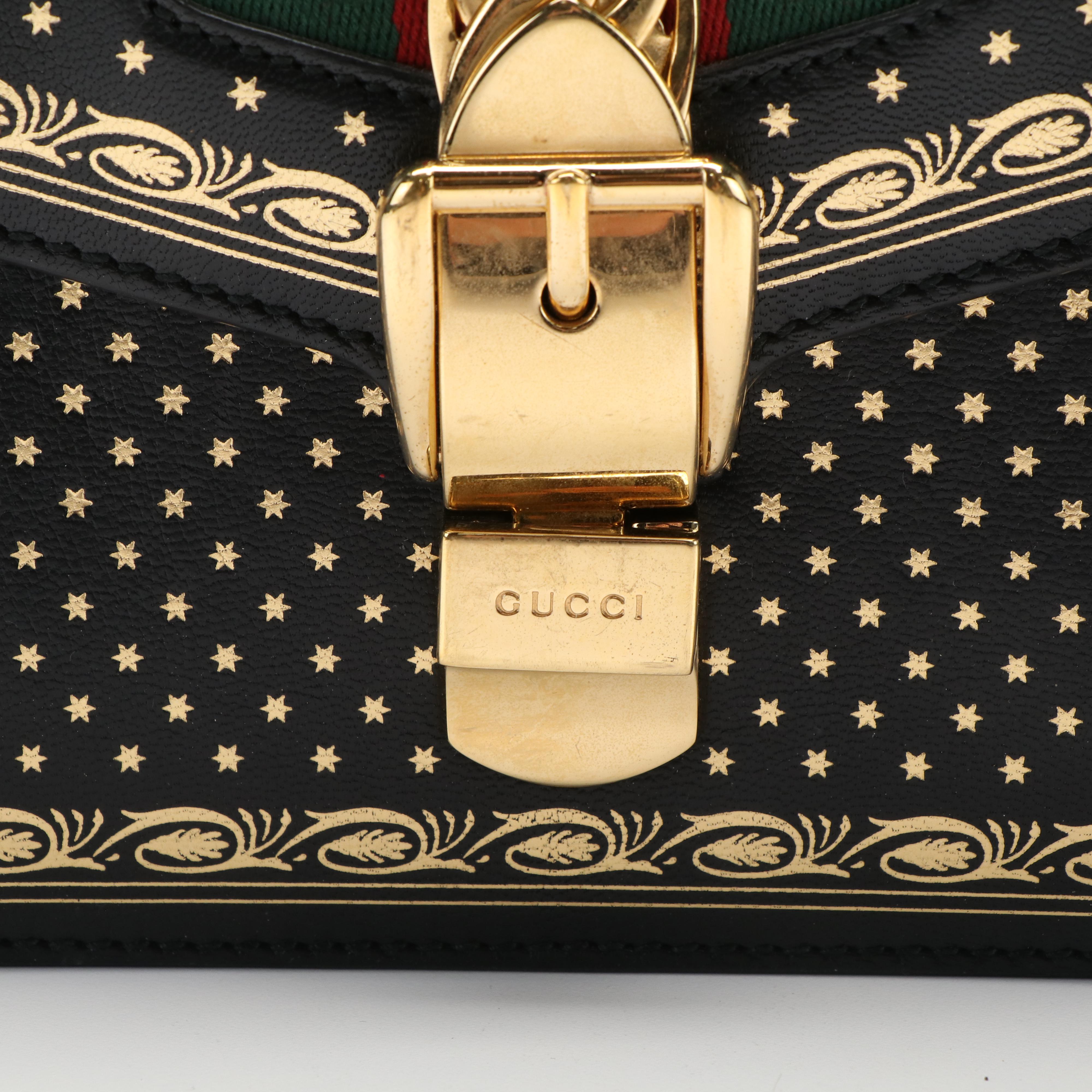 Gucci Sylvie Sherry Line Top Handle Bag in Star Print Black Leather