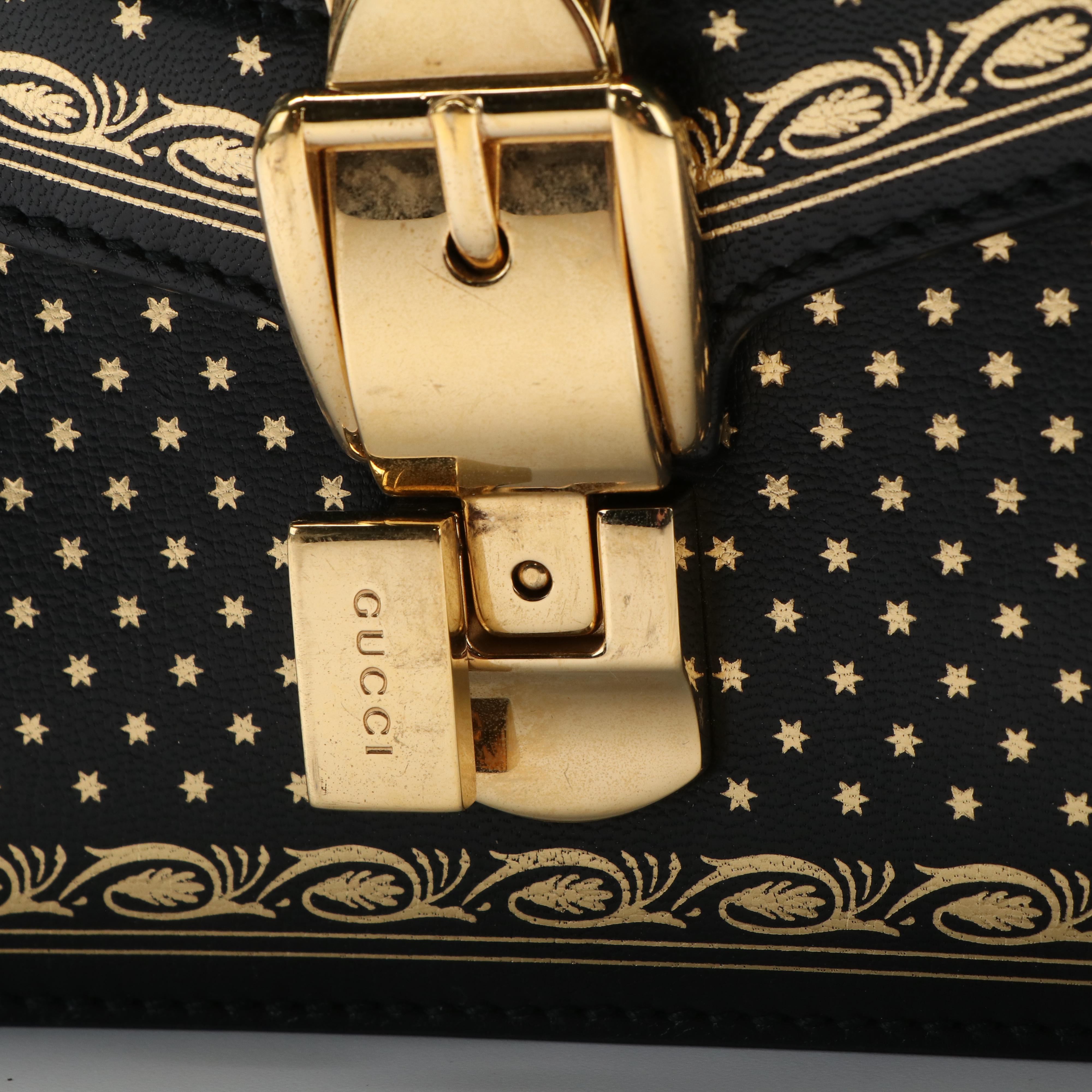 Gucci Sylvie Sherry Line Top Handle Bag in Star Print Black Leather