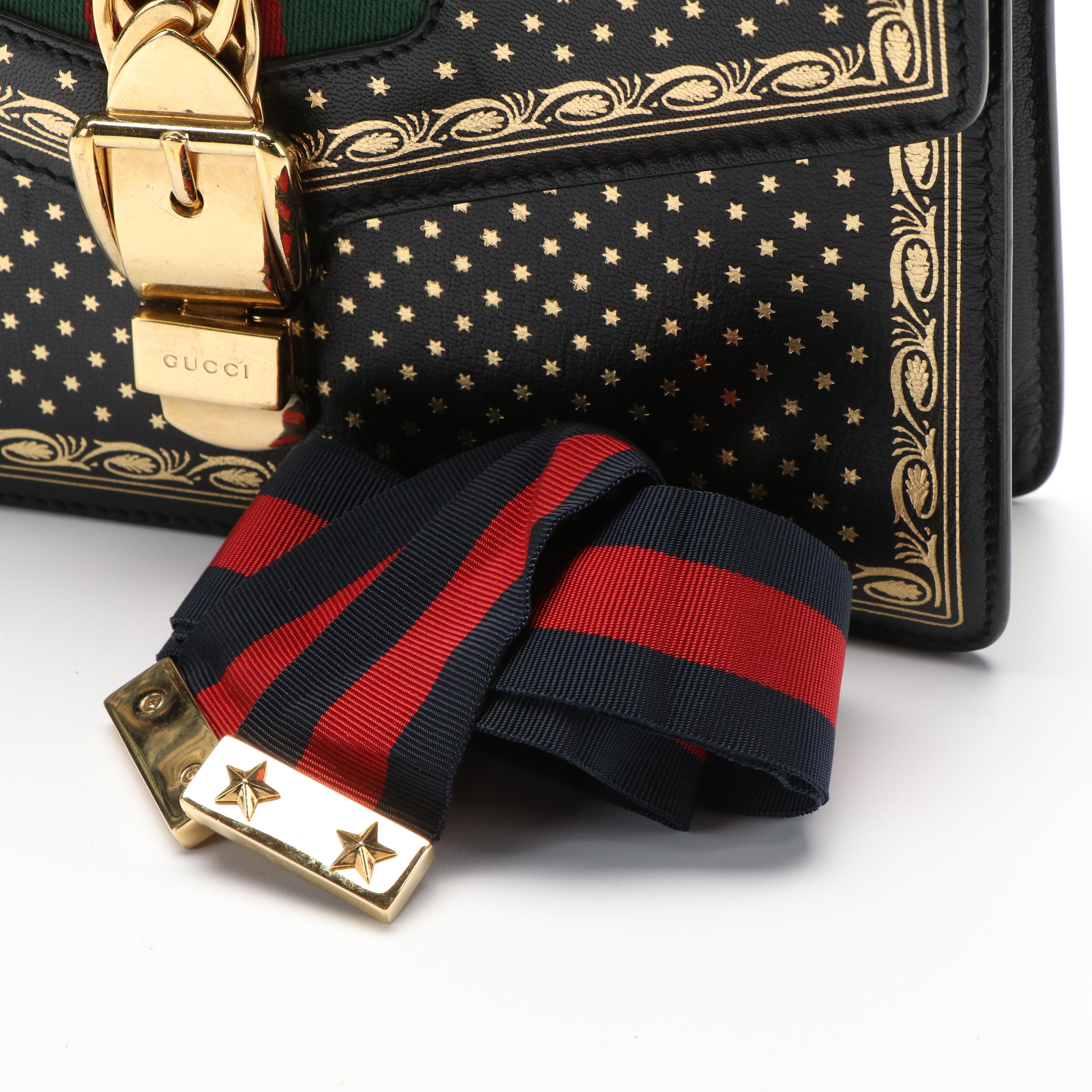 Gucci Sylvie Sherry Line Top Handle Bag in Star Print Black Leather