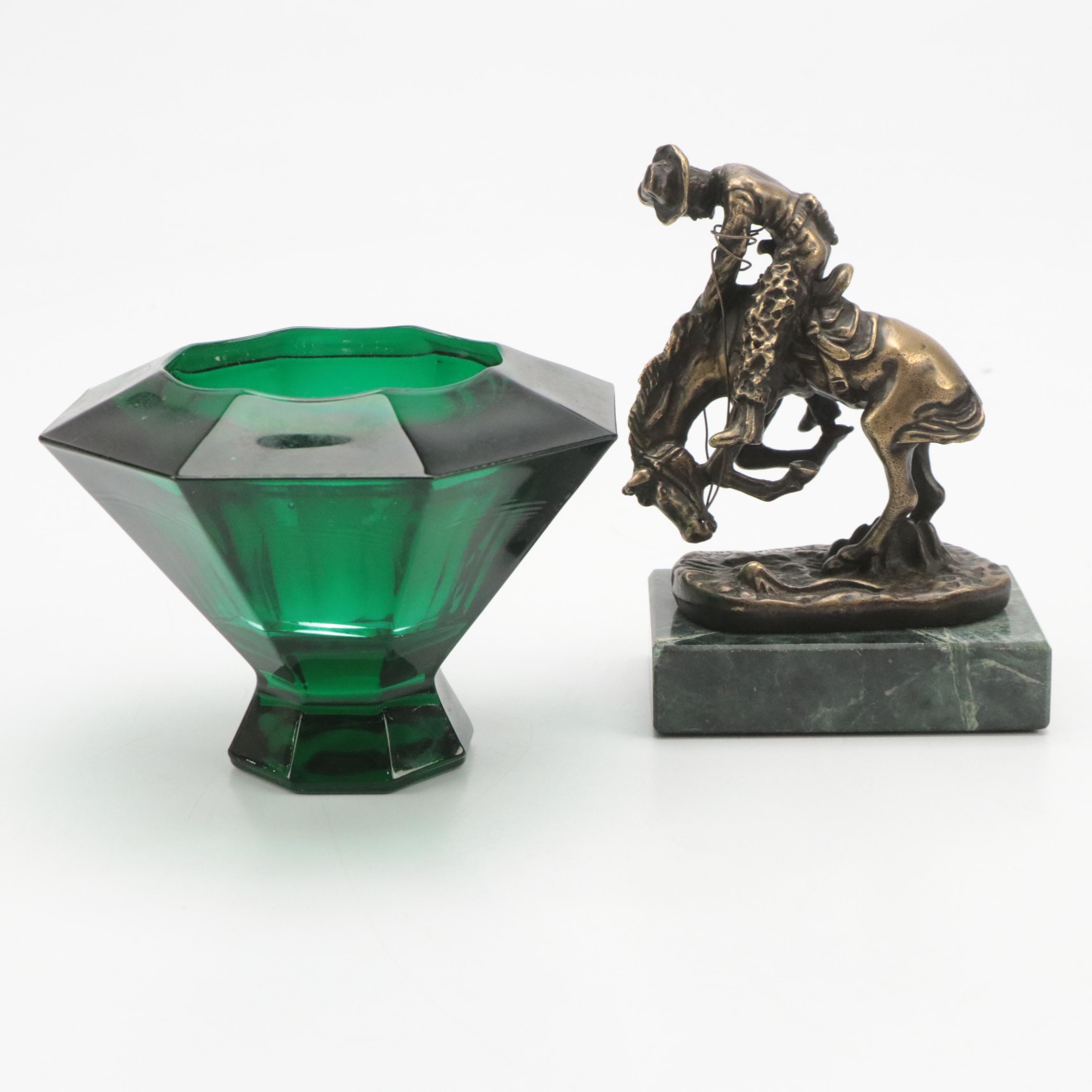 Seth Thomas Clock, Ascot Letter Opener with Emerald Glass Bowl and Figurine