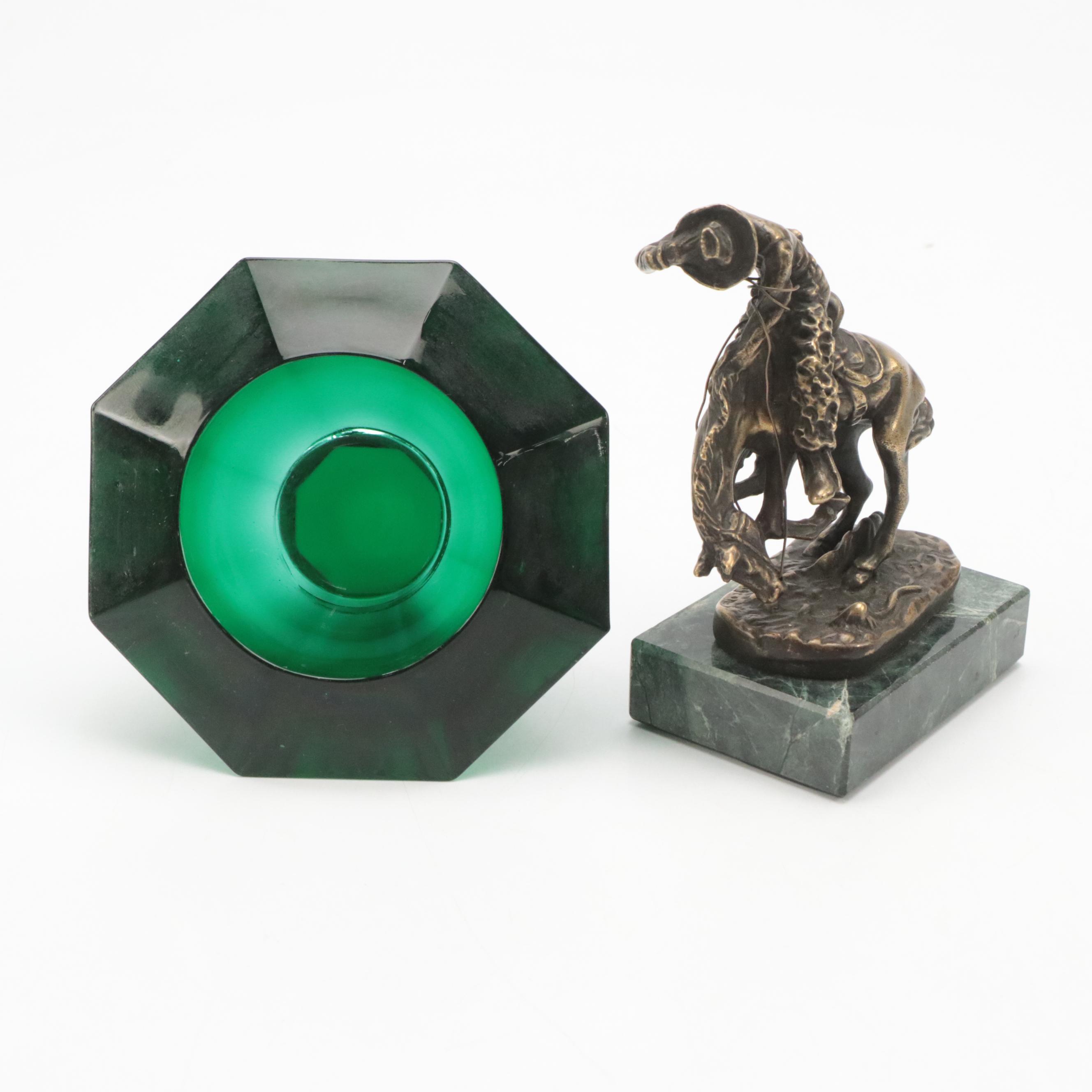 Seth Thomas Clock, Ascot Letter Opener with Emerald Glass Bowl and Figurine