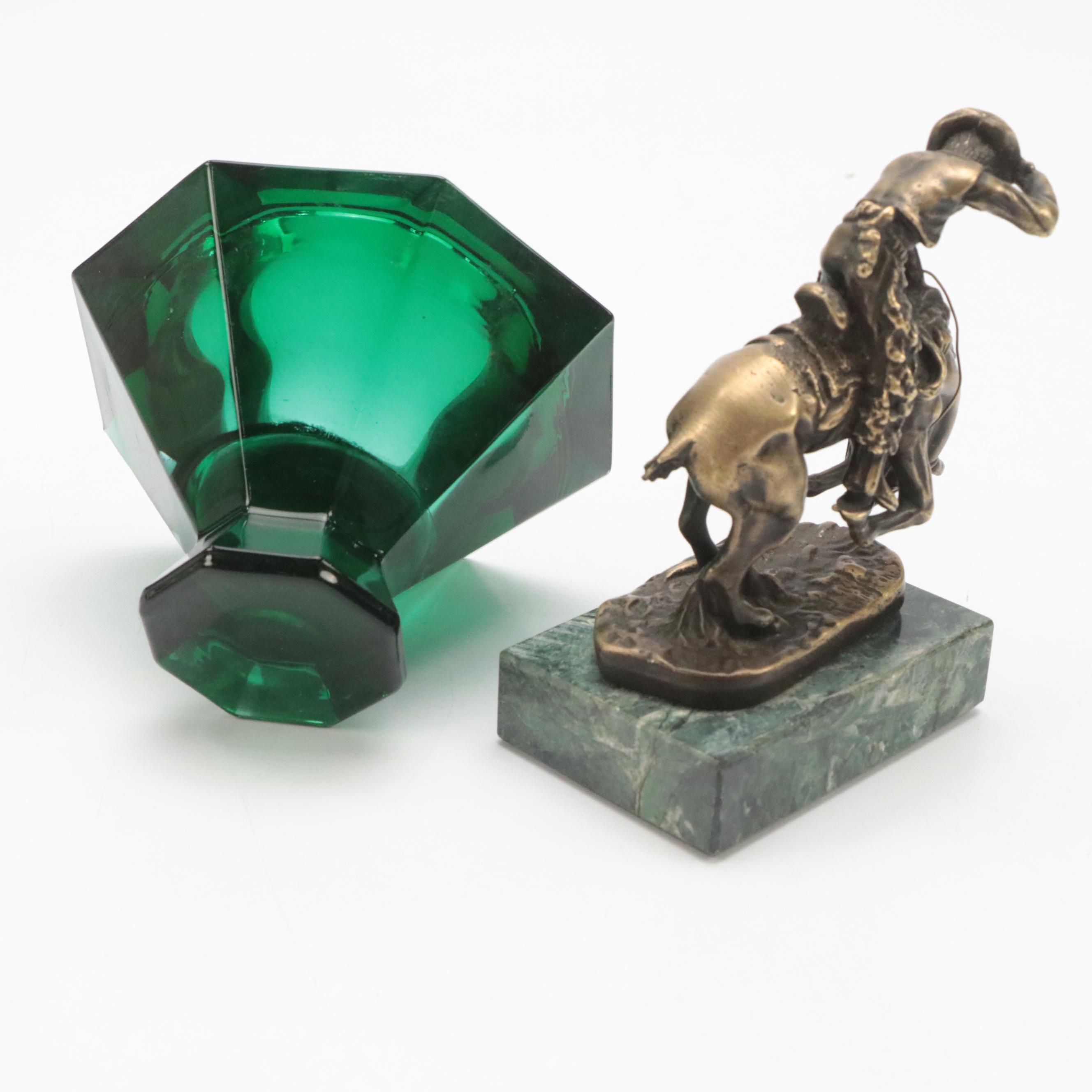 Seth Thomas Clock, Ascot Letter Opener with Emerald Glass Bowl and Figurine