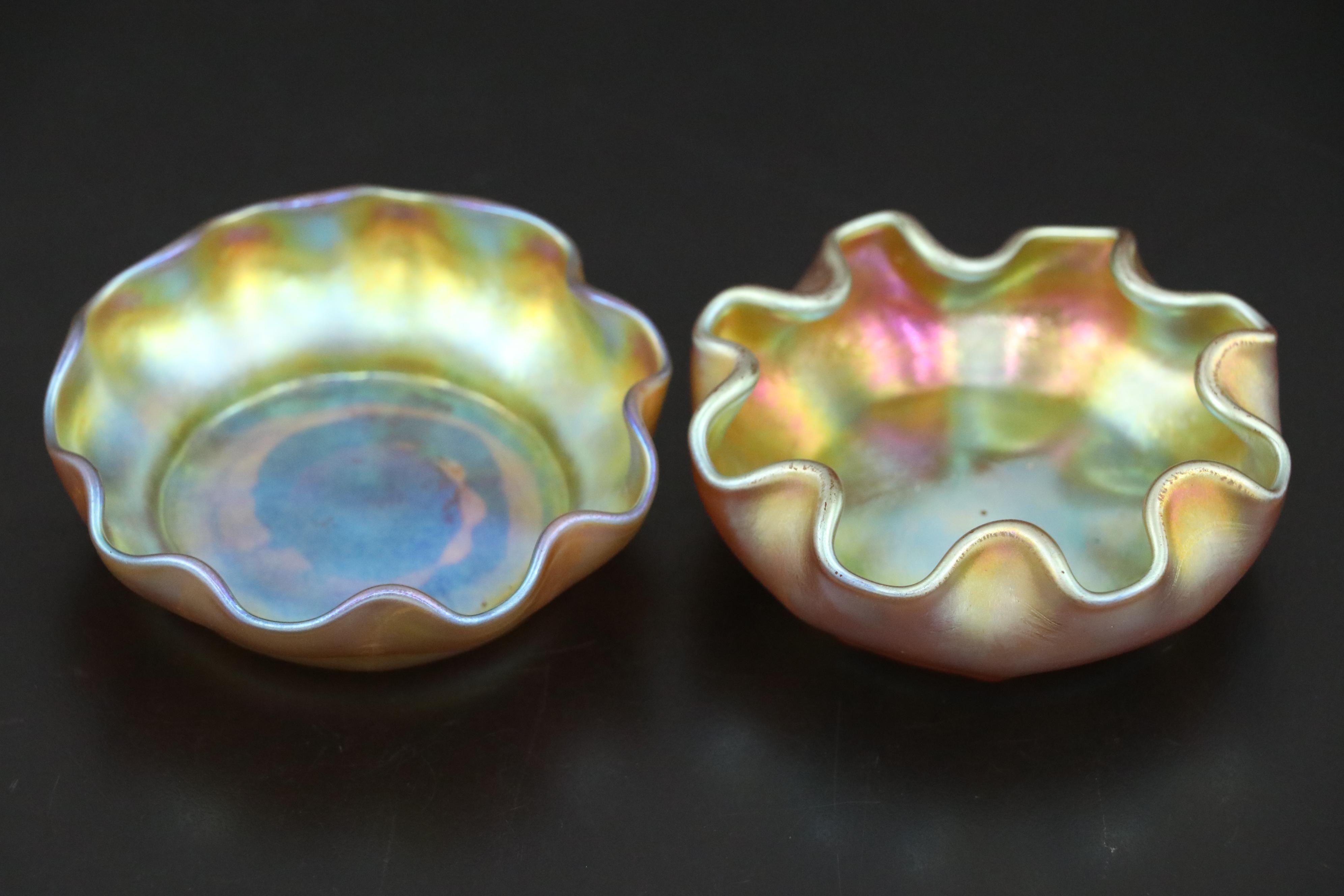 Louis Comfort Tiffany Favrile Art Glass Bowls with Crimped Rims, Early 20th C.