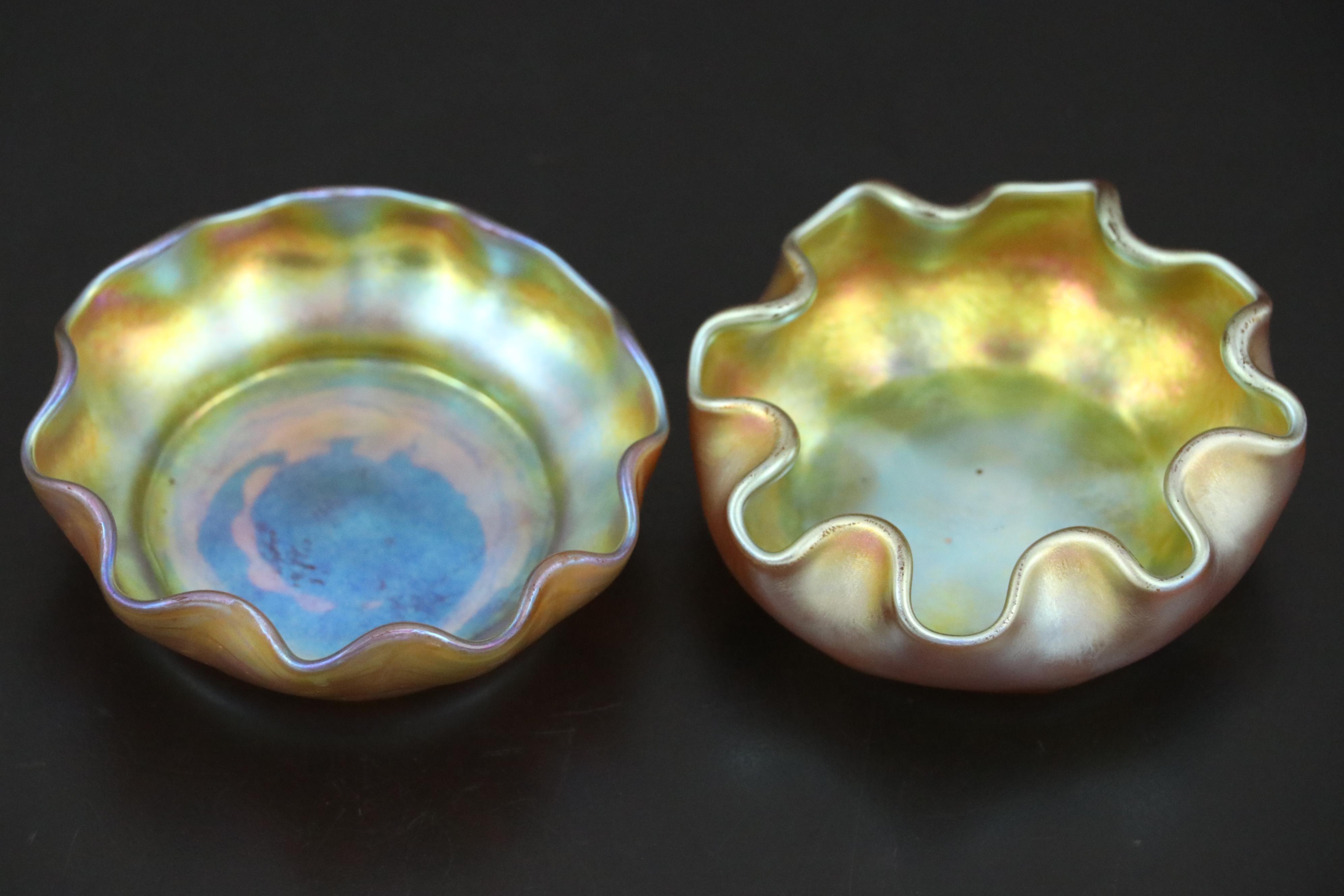 Louis Comfort Tiffany Favrile Art Glass Bowls with Crimped Rims, Early 20th C.