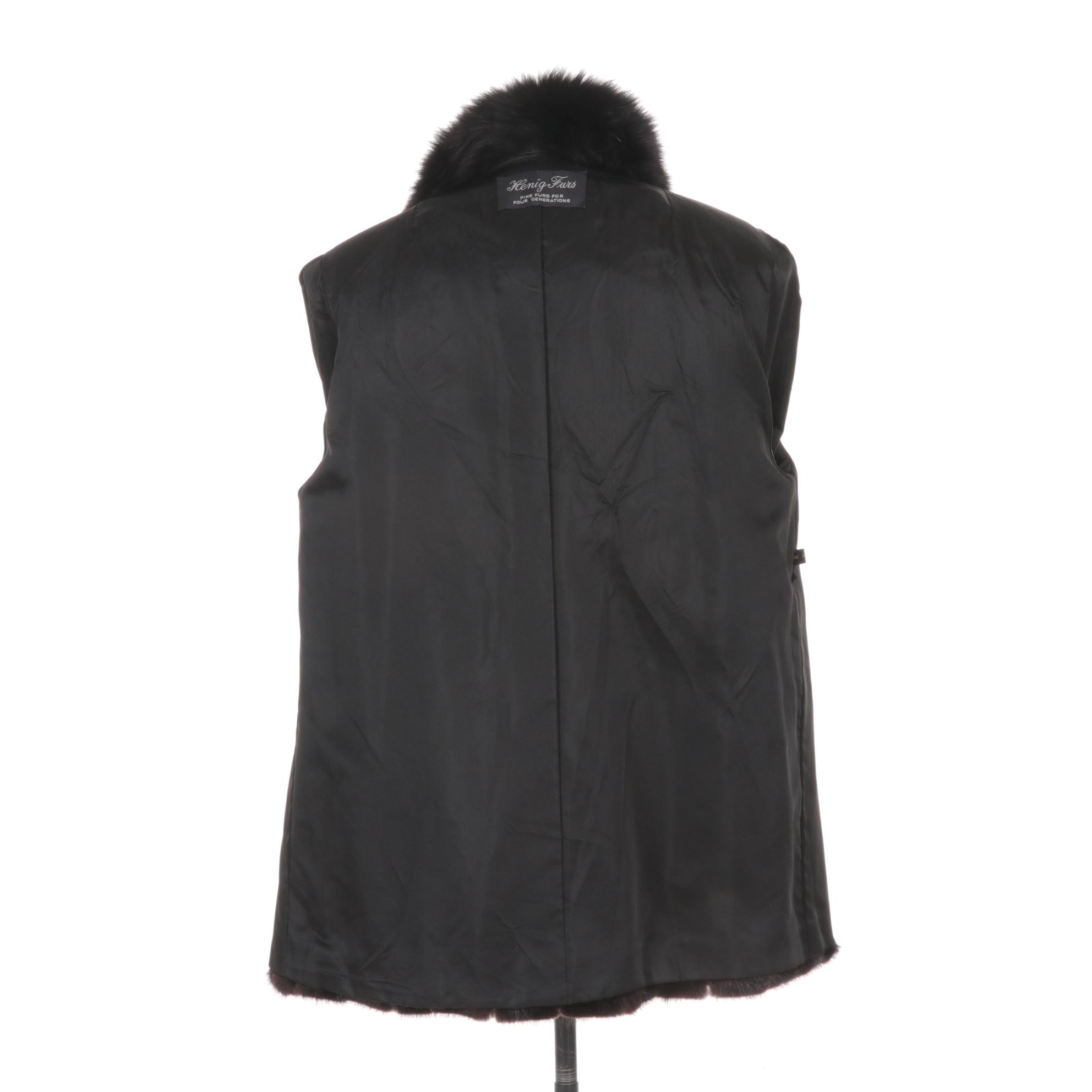 Mahogany Mink Fur Jacket With Fox Collar By Henig Furs, Size 16