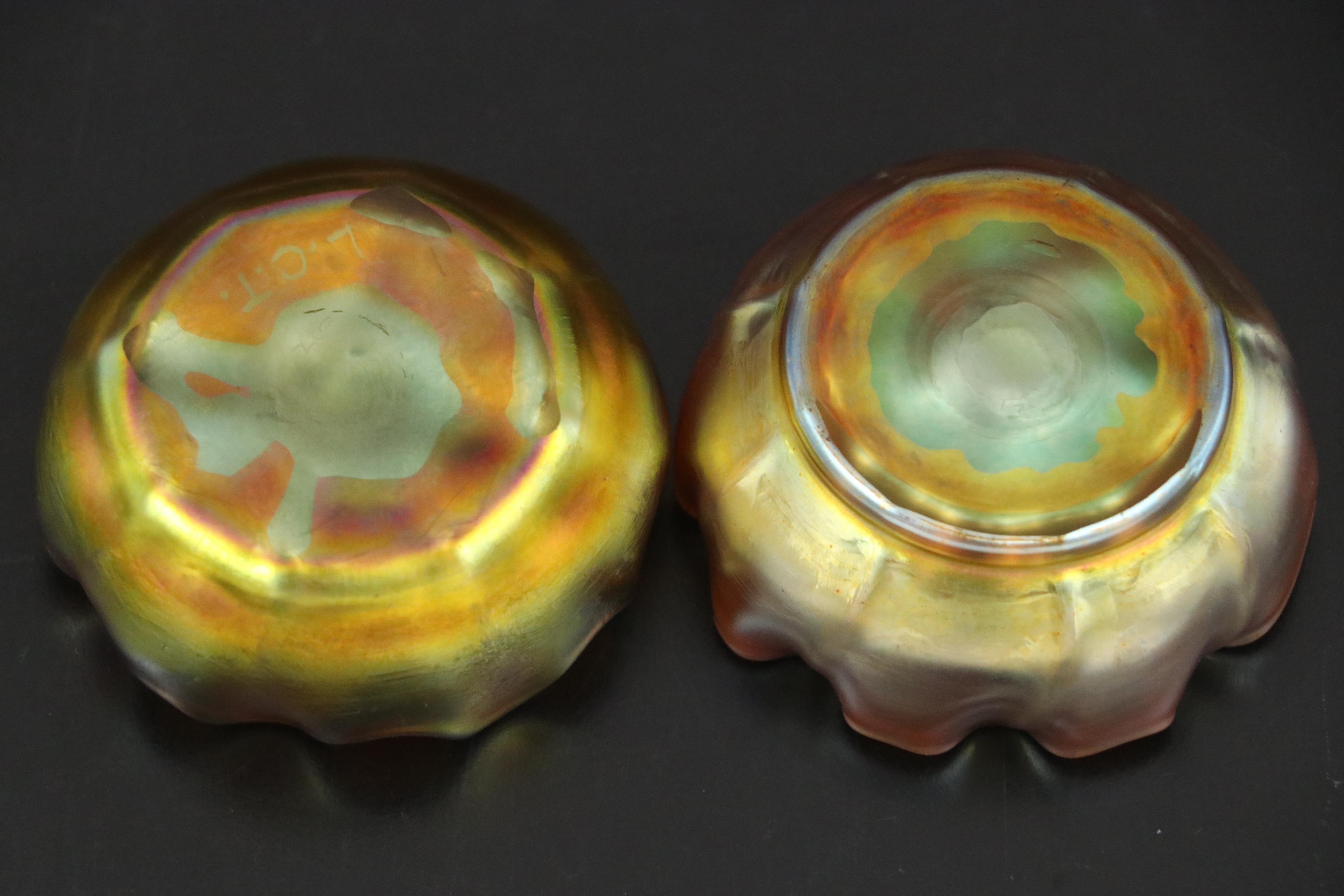 Louis Comfort Tiffany Favrile Art Glass Bowls with Crimped Rims, Early 20th C.