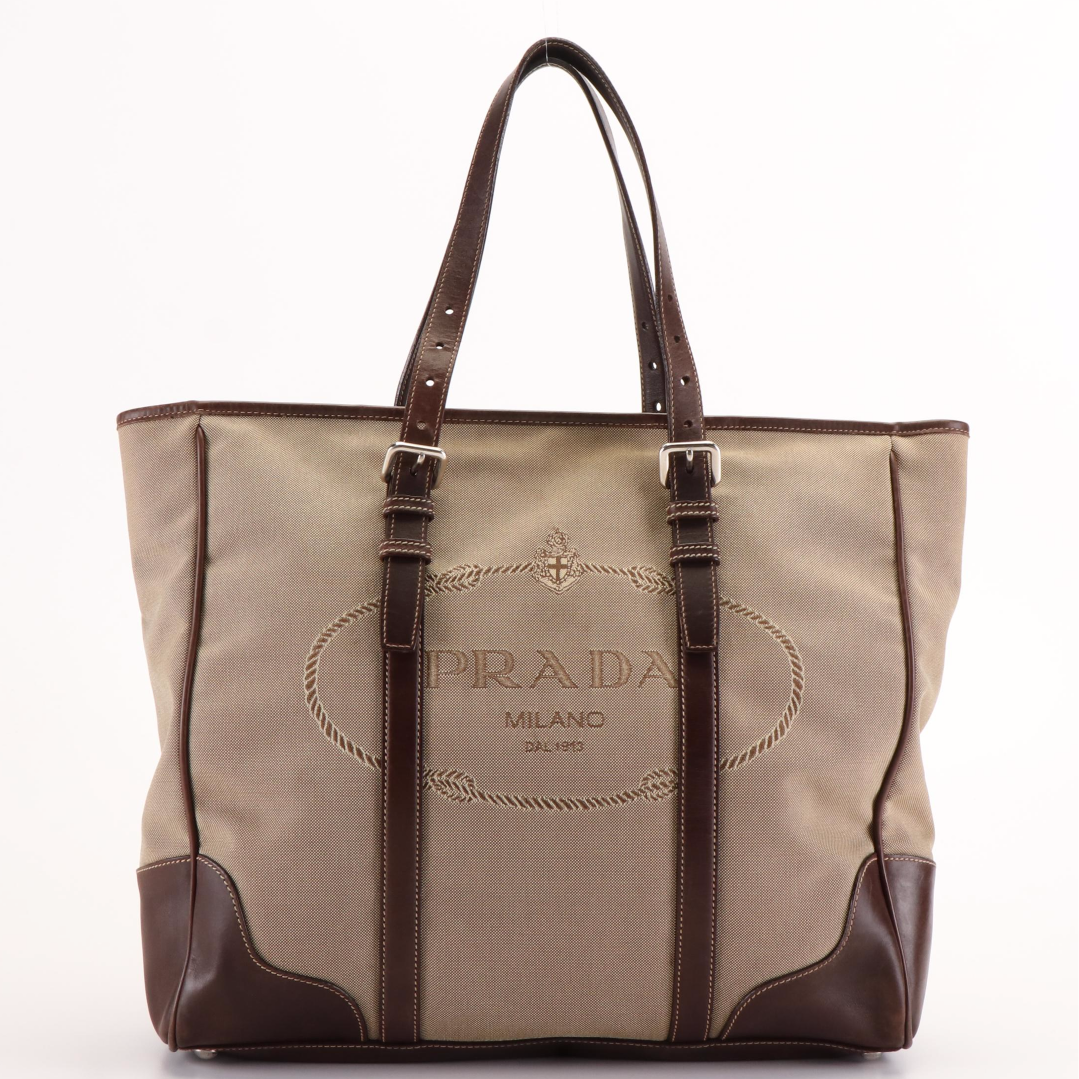 Prada Canapa Logo Canvas and Leather Tote Bag