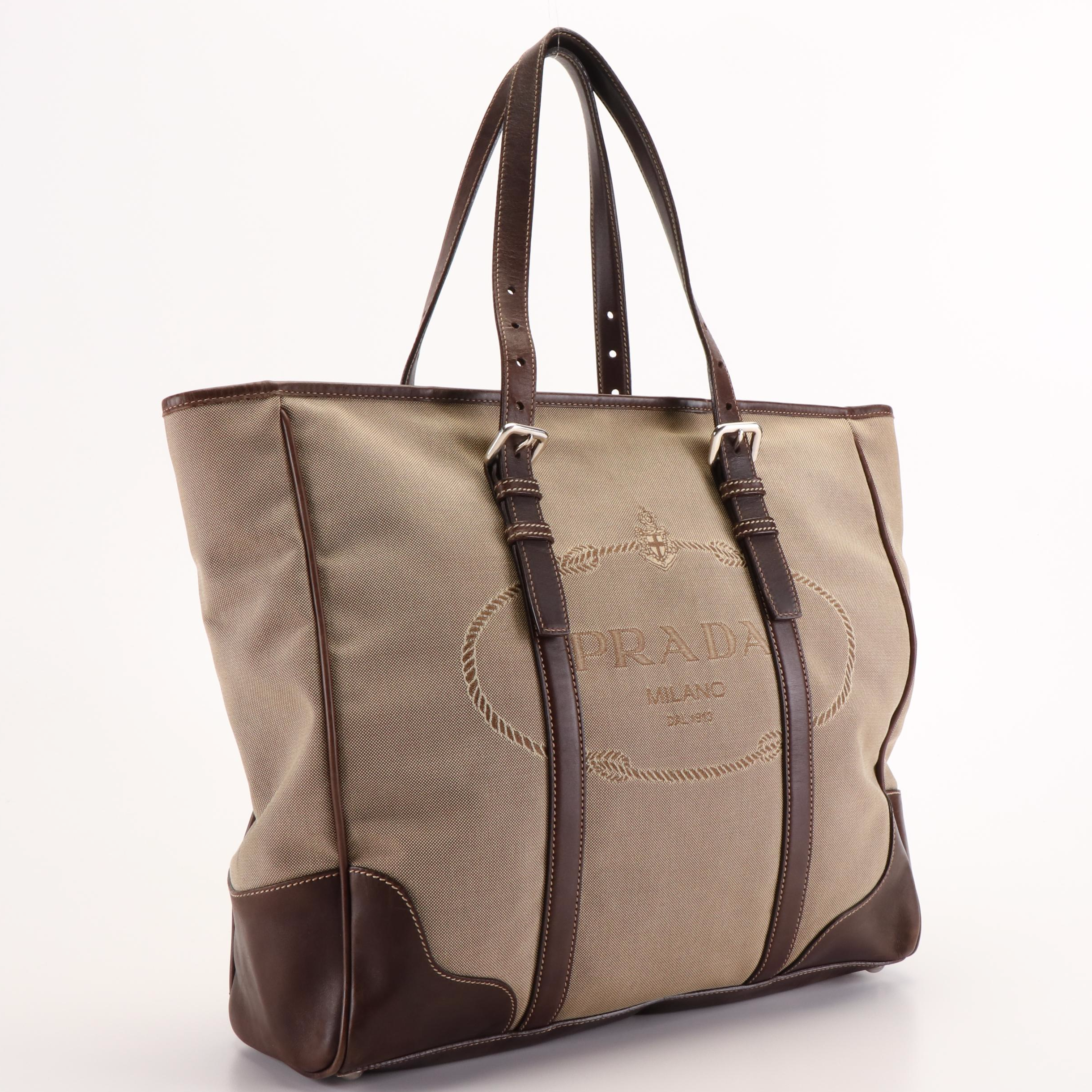 Prada Canapa Logo Canvas and Leather Tote Bag