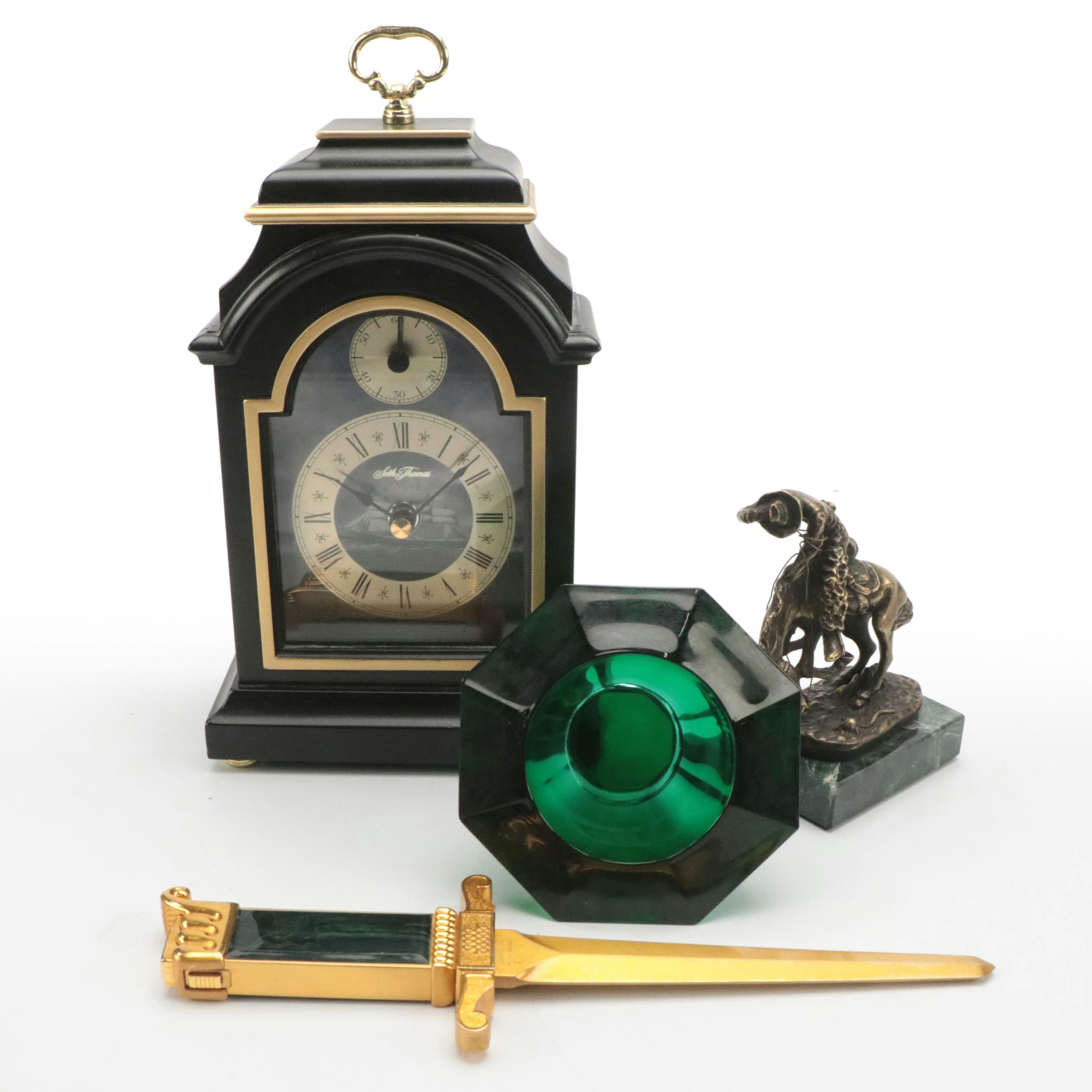 Seth Thomas Clock, Ascot Letter Opener with Emerald Glass Bowl and Figurine