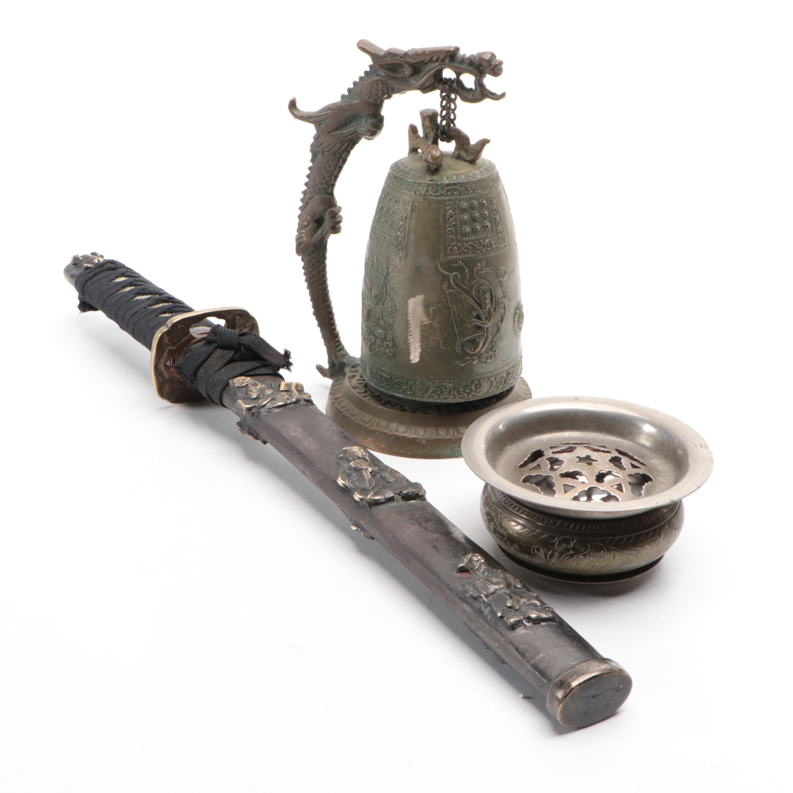 Japanese Style Brass Temple Gong with Short Sword and Butter Curler Press