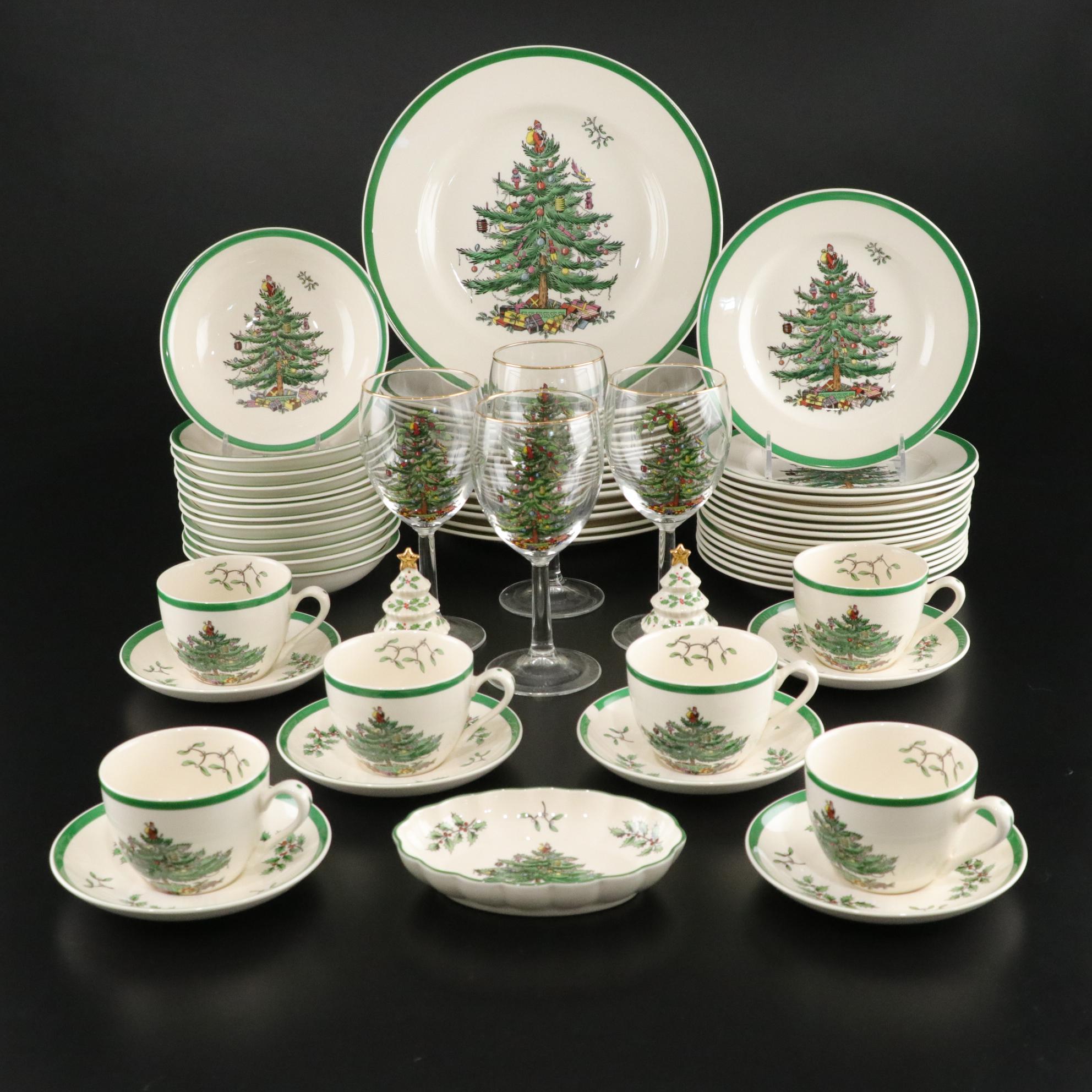 Spode "Christmas Tree" Ceramic Dinnerware and Stemware With Lenox S & P Shakers
