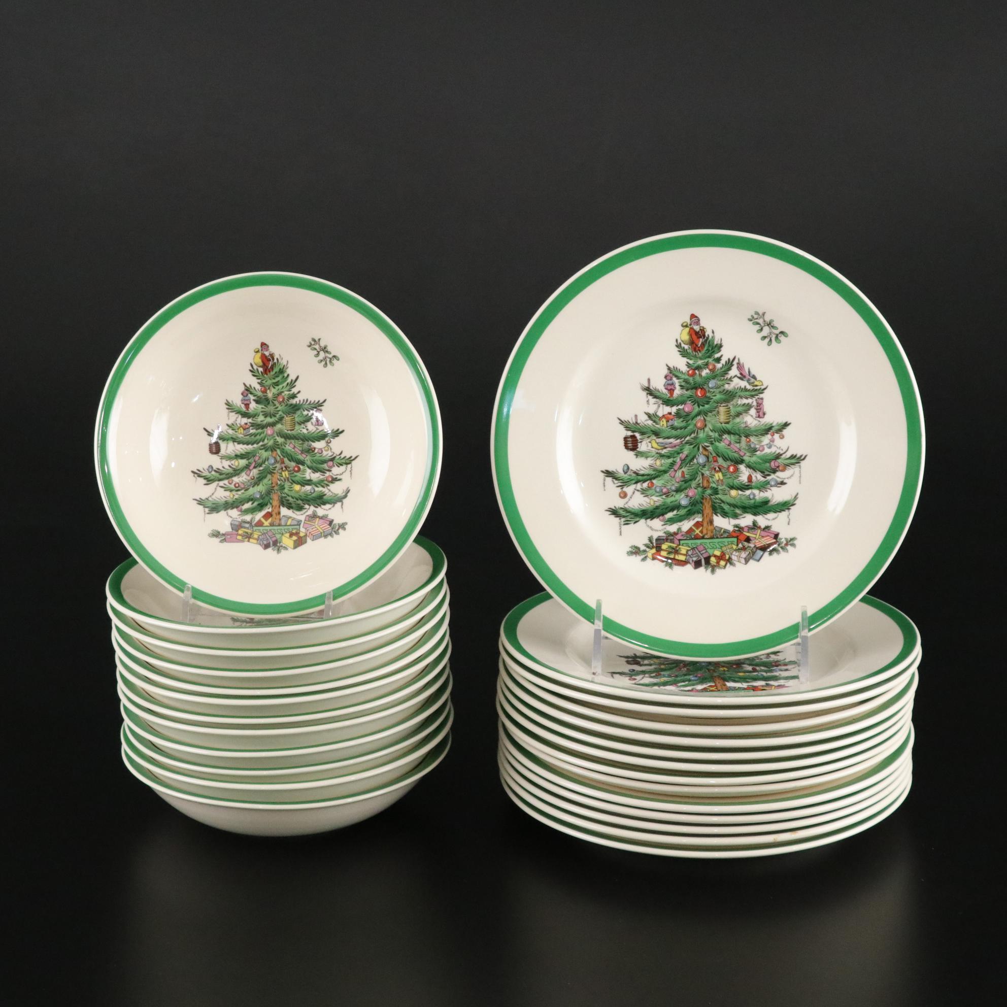 Spode "Christmas Tree" Ceramic Dinnerware and Stemware With Lenox S & P Shakers