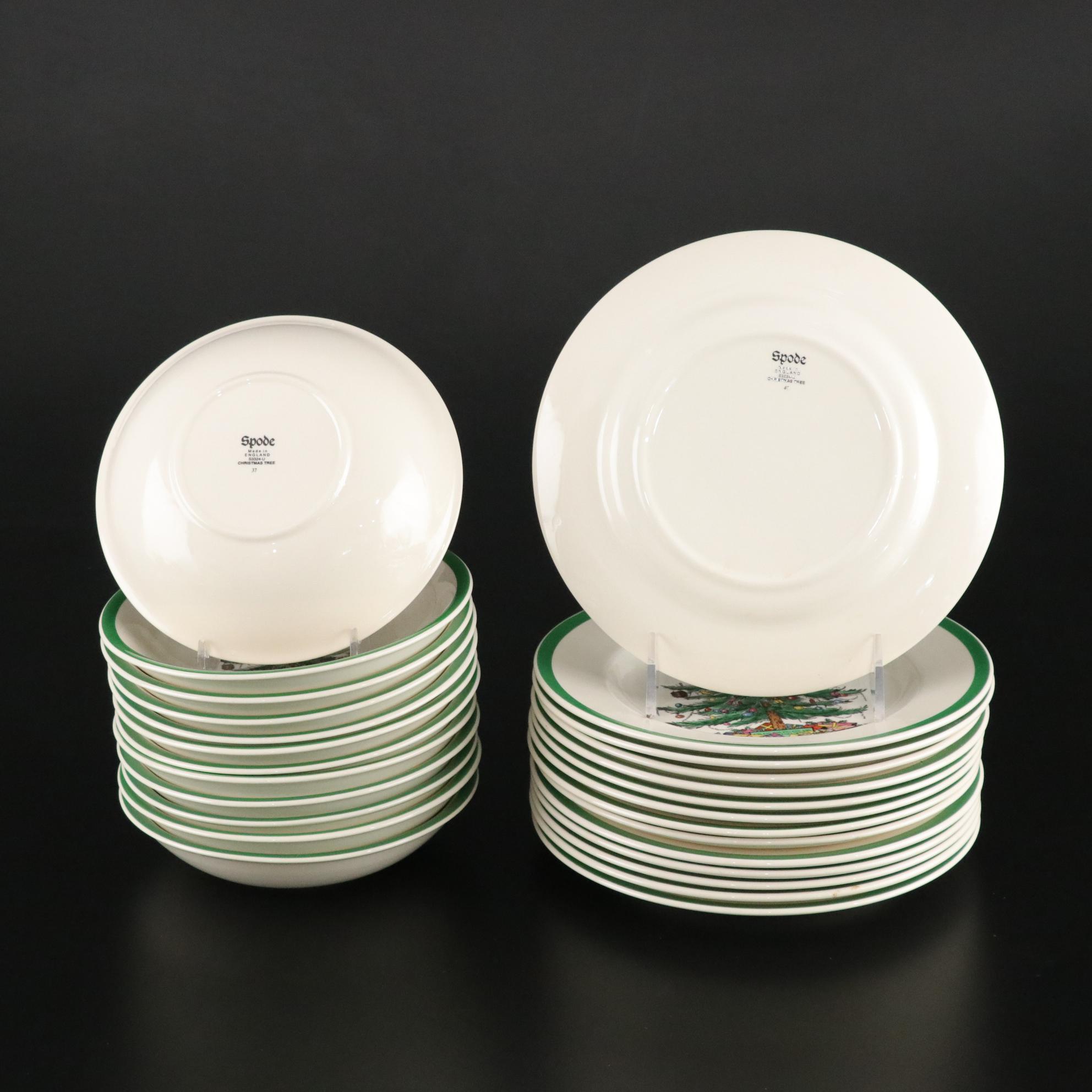 Spode "Christmas Tree" Ceramic Dinnerware and Stemware With Lenox S & P Shakers