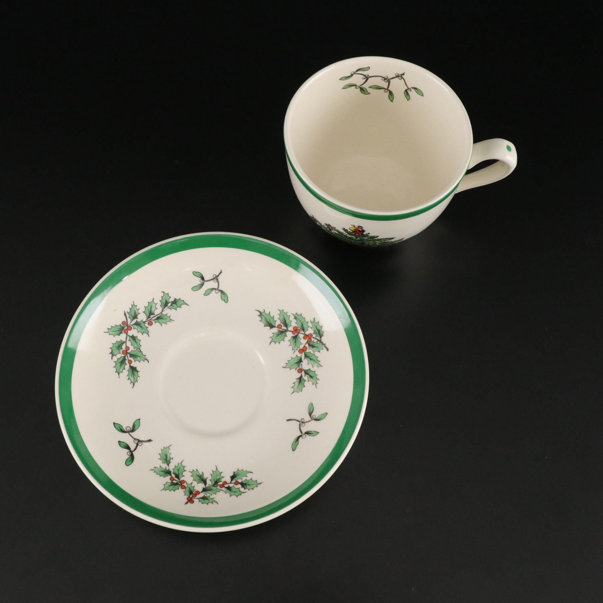 Spode "Christmas Tree" Ceramic Dinnerware and Stemware With Lenox S & P Shakers