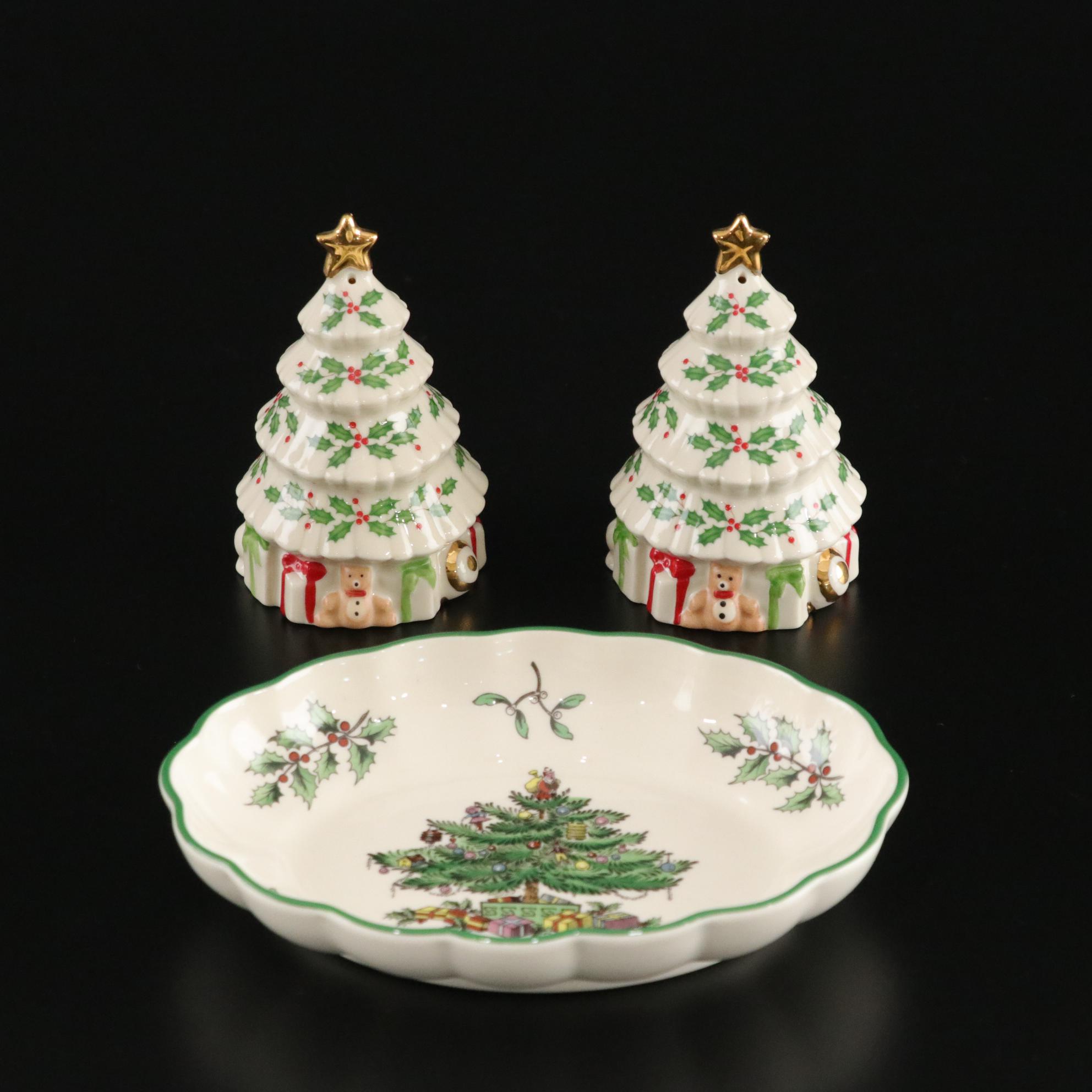 Spode "Christmas Tree" Ceramic Dinnerware and Stemware With Lenox S & P Shakers