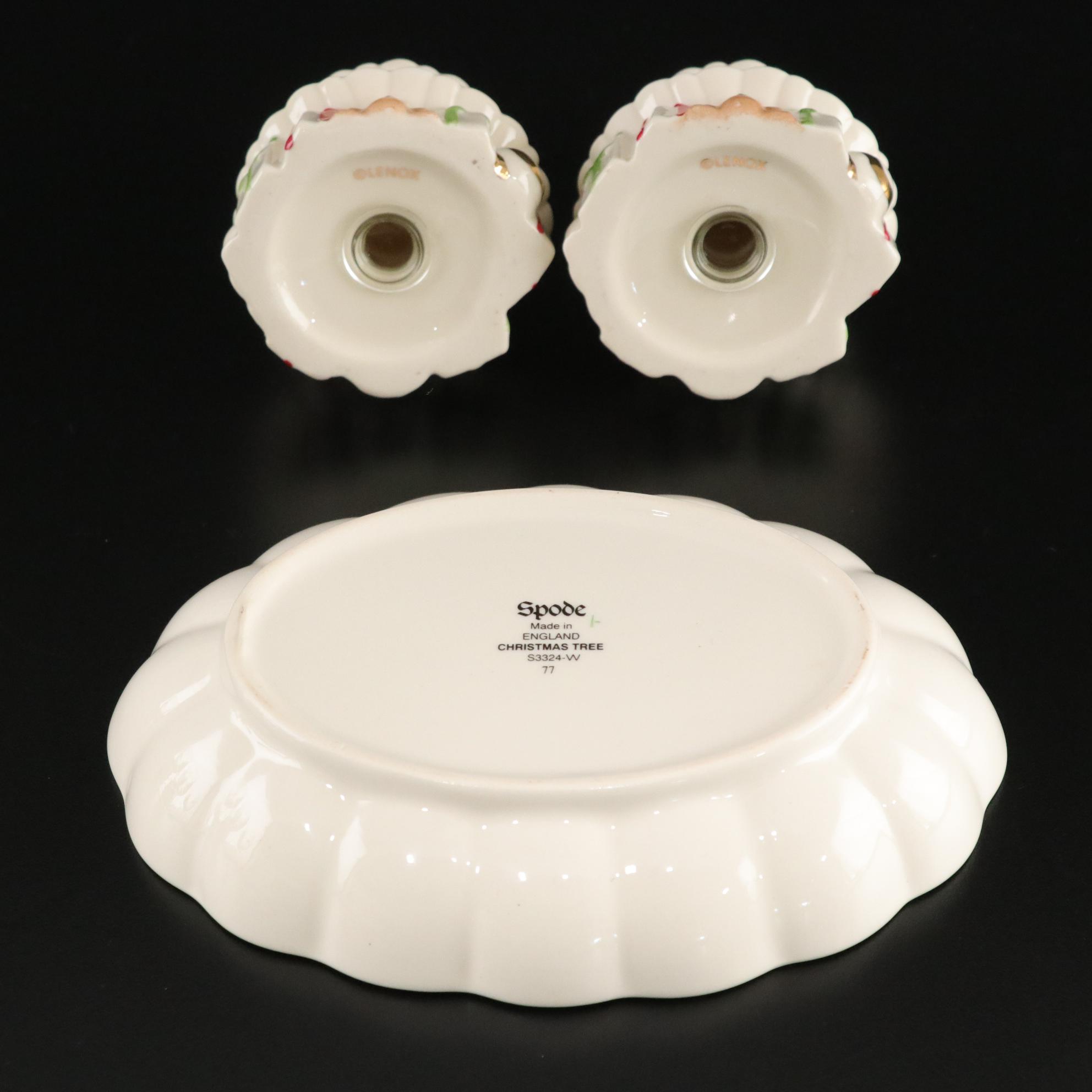 Spode "Christmas Tree" Ceramic Dinnerware and Stemware With Lenox S & P Shakers