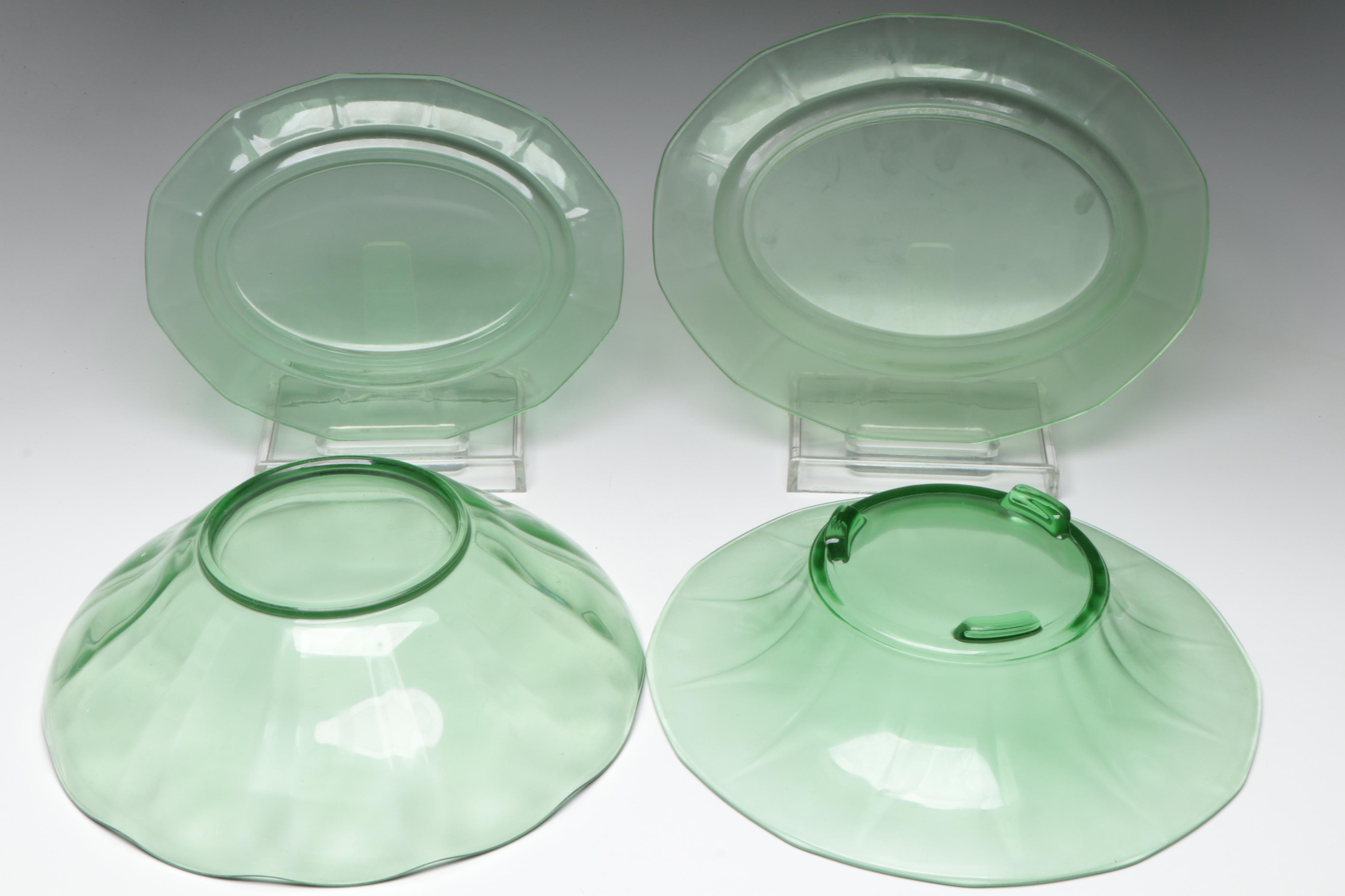 Scalloped Rim Uranium Glass Bowl with Other Uranium Glass Table Accessories