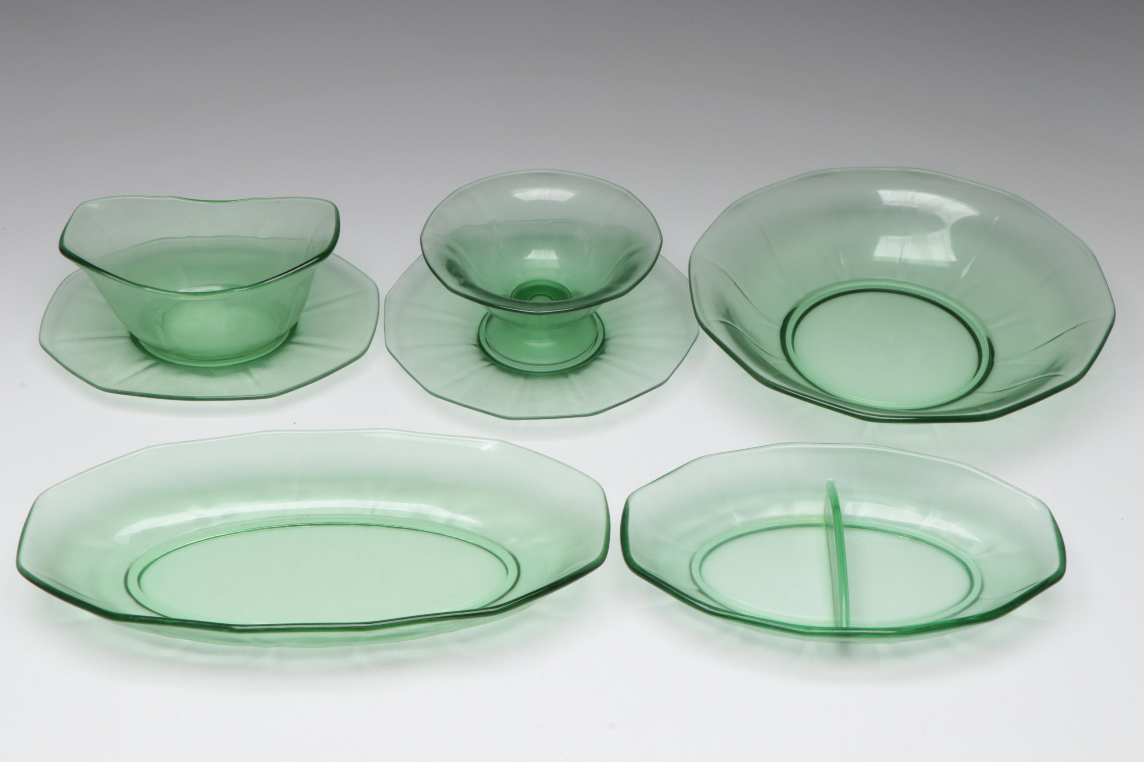 Scalloped Rim Uranium Glass Bowl with Other Uranium Glass Table Accessories