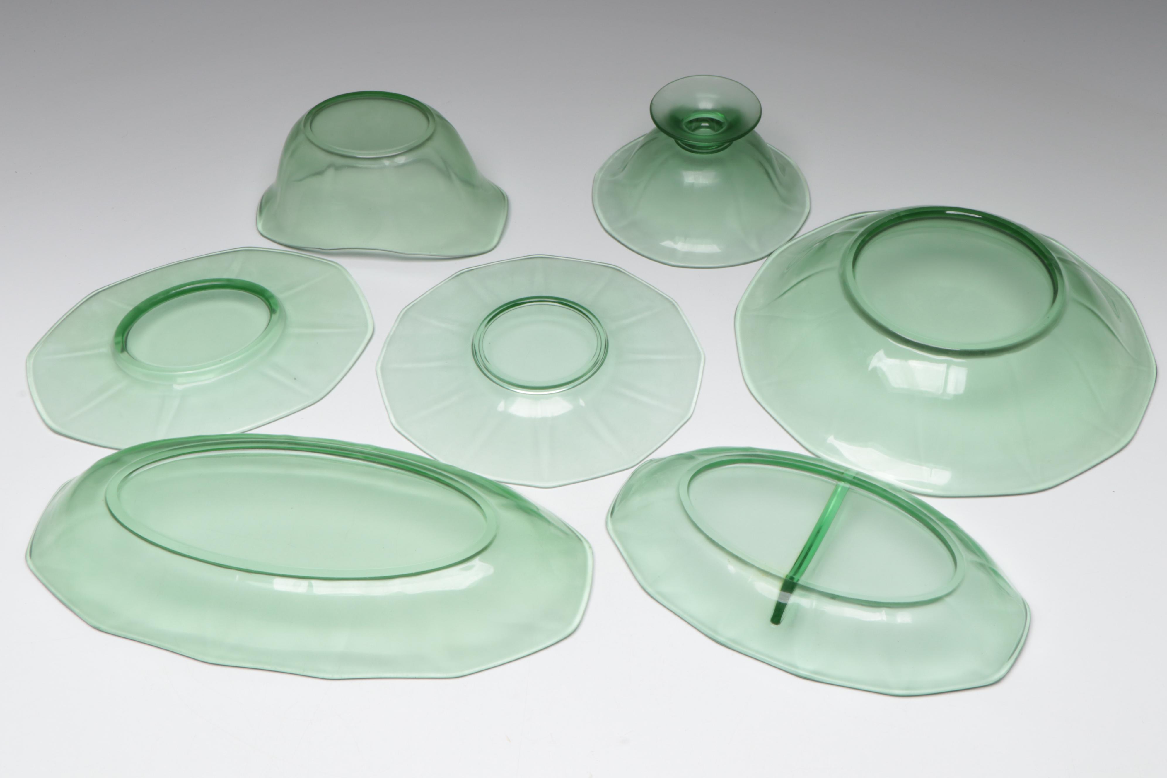 Scalloped Rim Uranium Glass Bowl with Other Uranium Glass Table Accessories