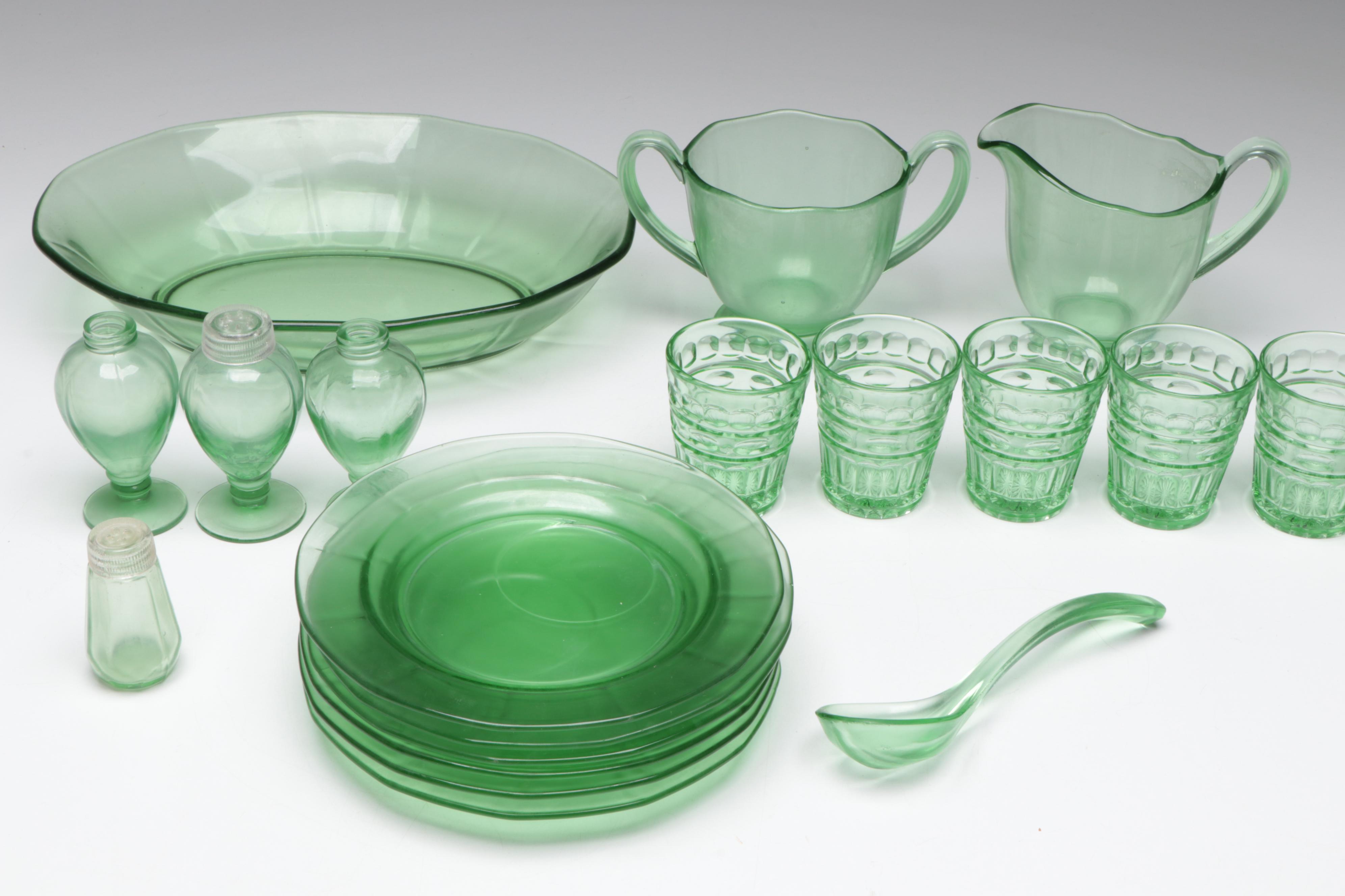 Scalloped Rim Uranium Glass Bowl with Other Uranium Glass Table Accessories