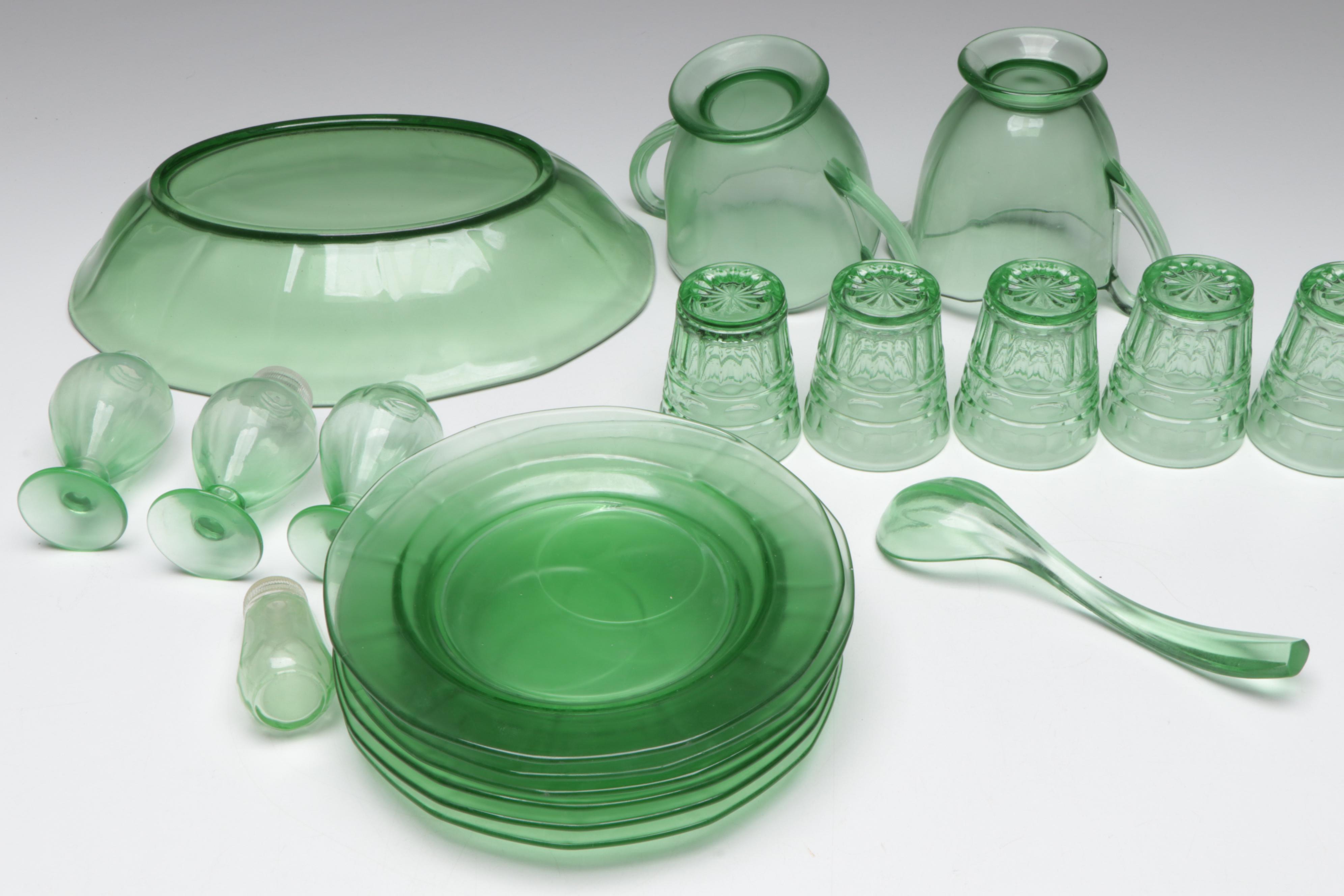 Scalloped Rim Uranium Glass Bowl with Other Uranium Glass Table Accessories