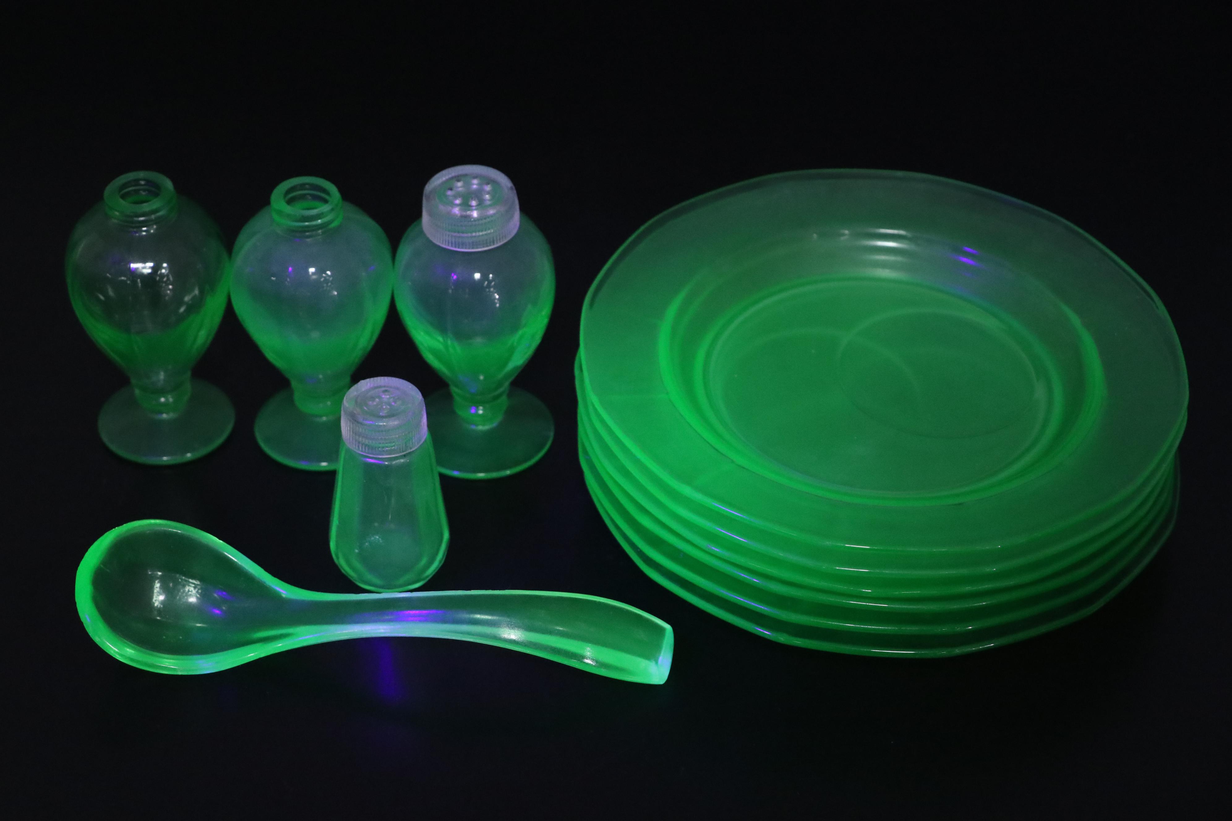 Scalloped Rim Uranium Glass Bowl with Other Uranium Glass Table Accessories