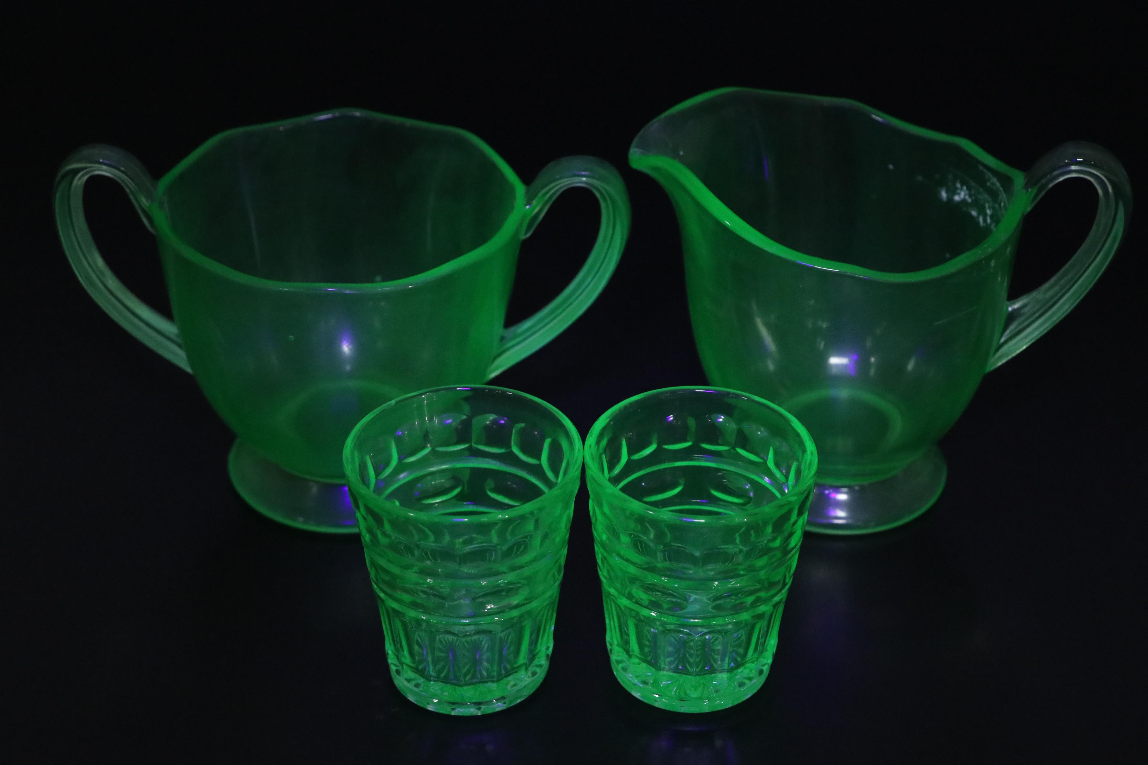Scalloped Rim Uranium Glass Bowl with Other Uranium Glass Table Accessories