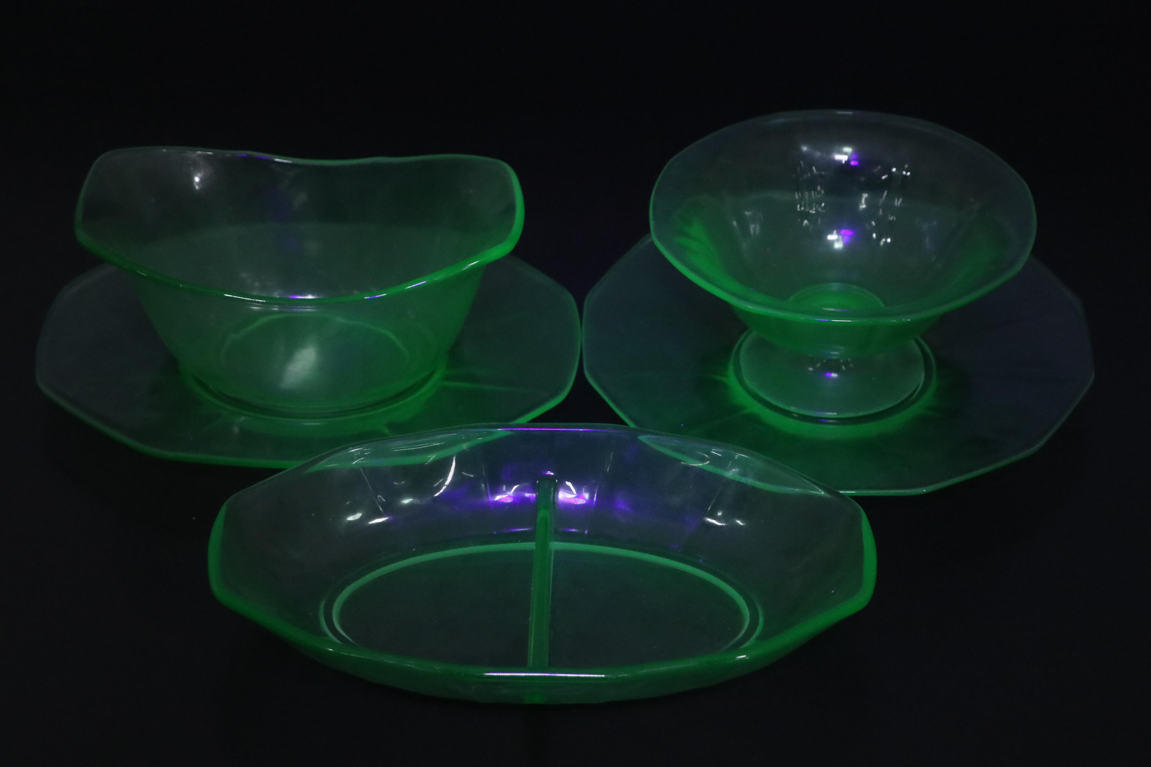 Scalloped Rim Uranium Glass Bowl with Other Uranium Glass Table Accessories
