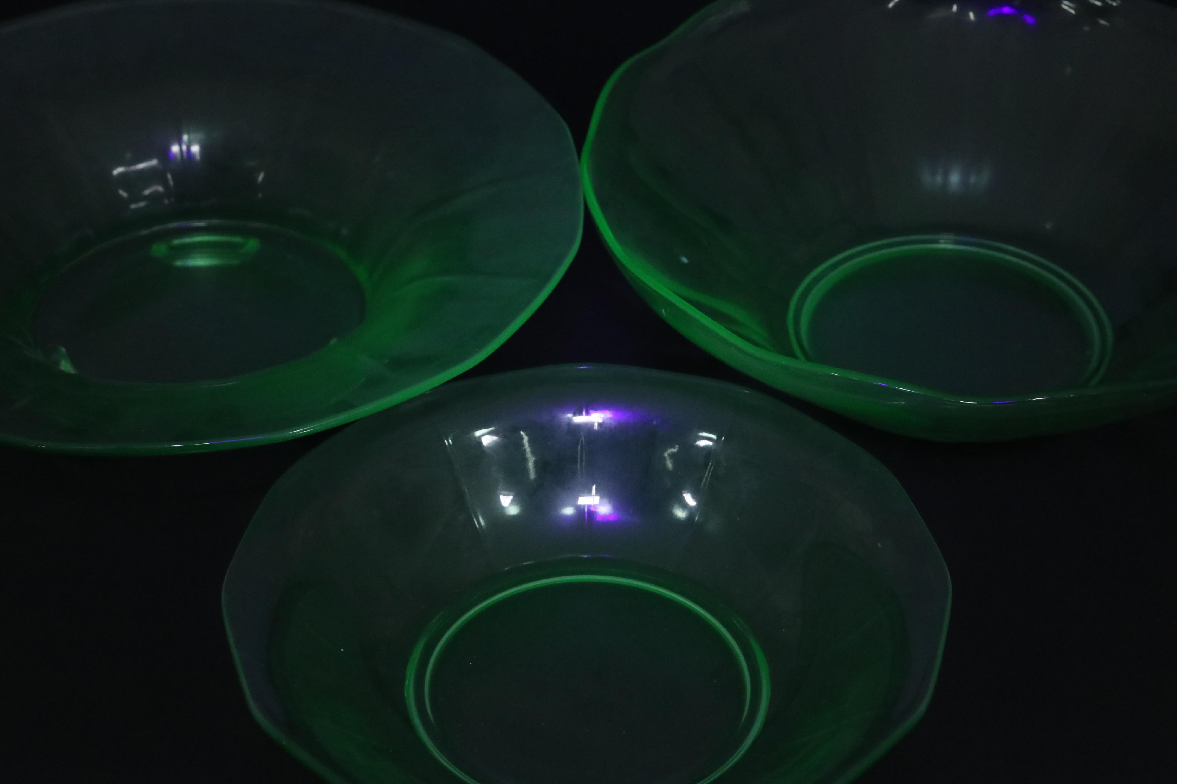 Scalloped Rim Uranium Glass Bowl with Other Uranium Glass Table Accessories