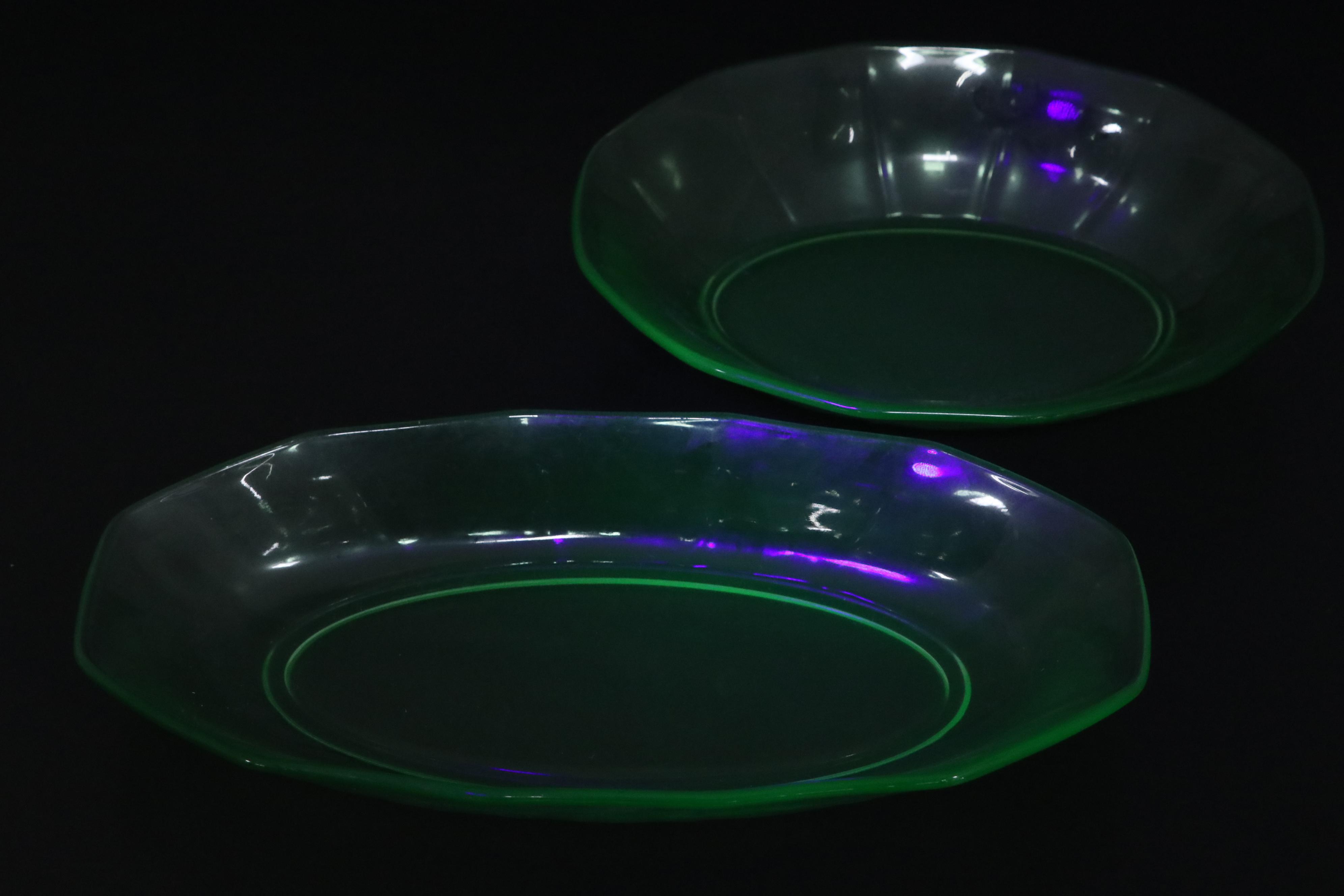 Scalloped Rim Uranium Glass Bowl with Other Uranium Glass Table Accessories