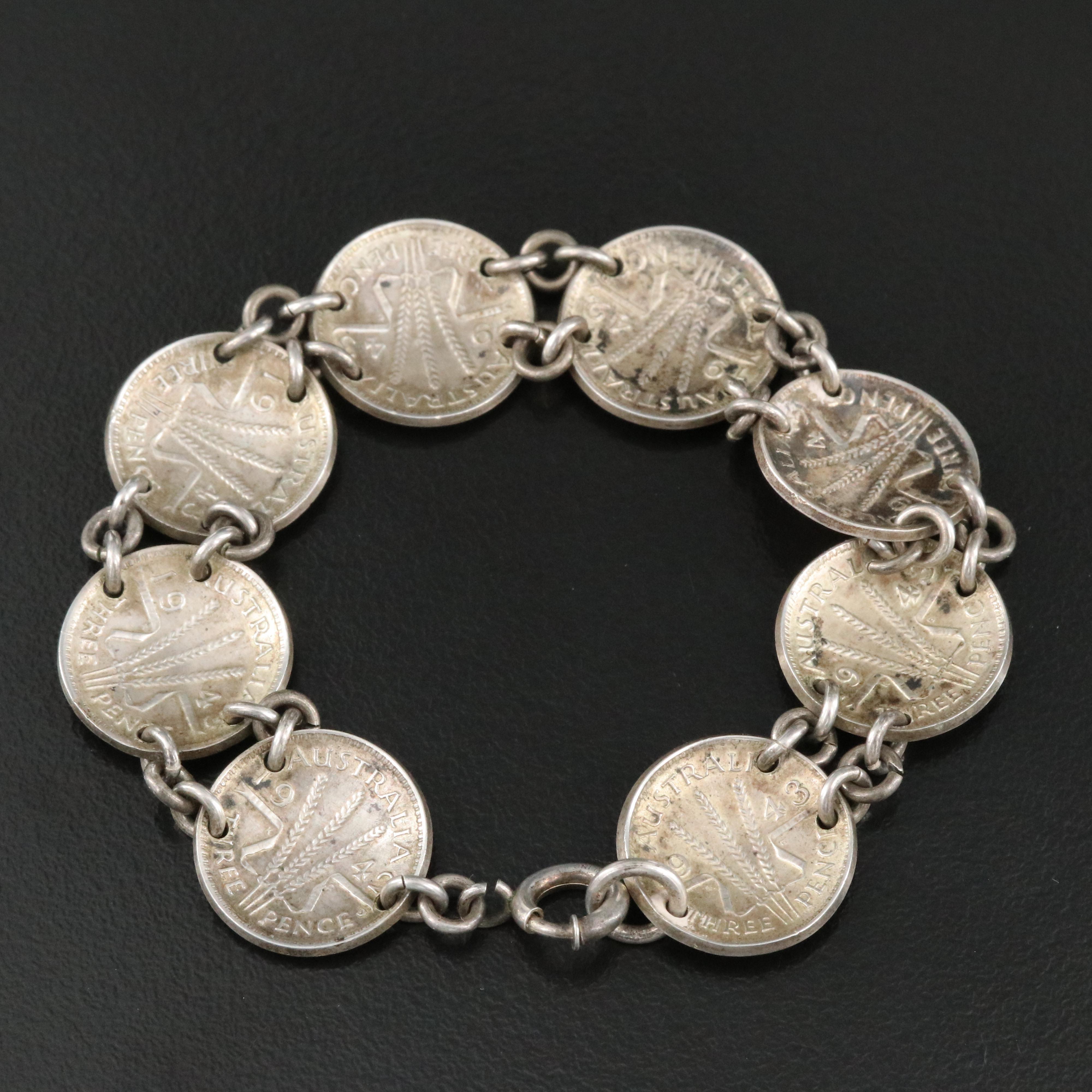 Sterling 1942 and 1943 Three Pence Australian Coin Bracelet