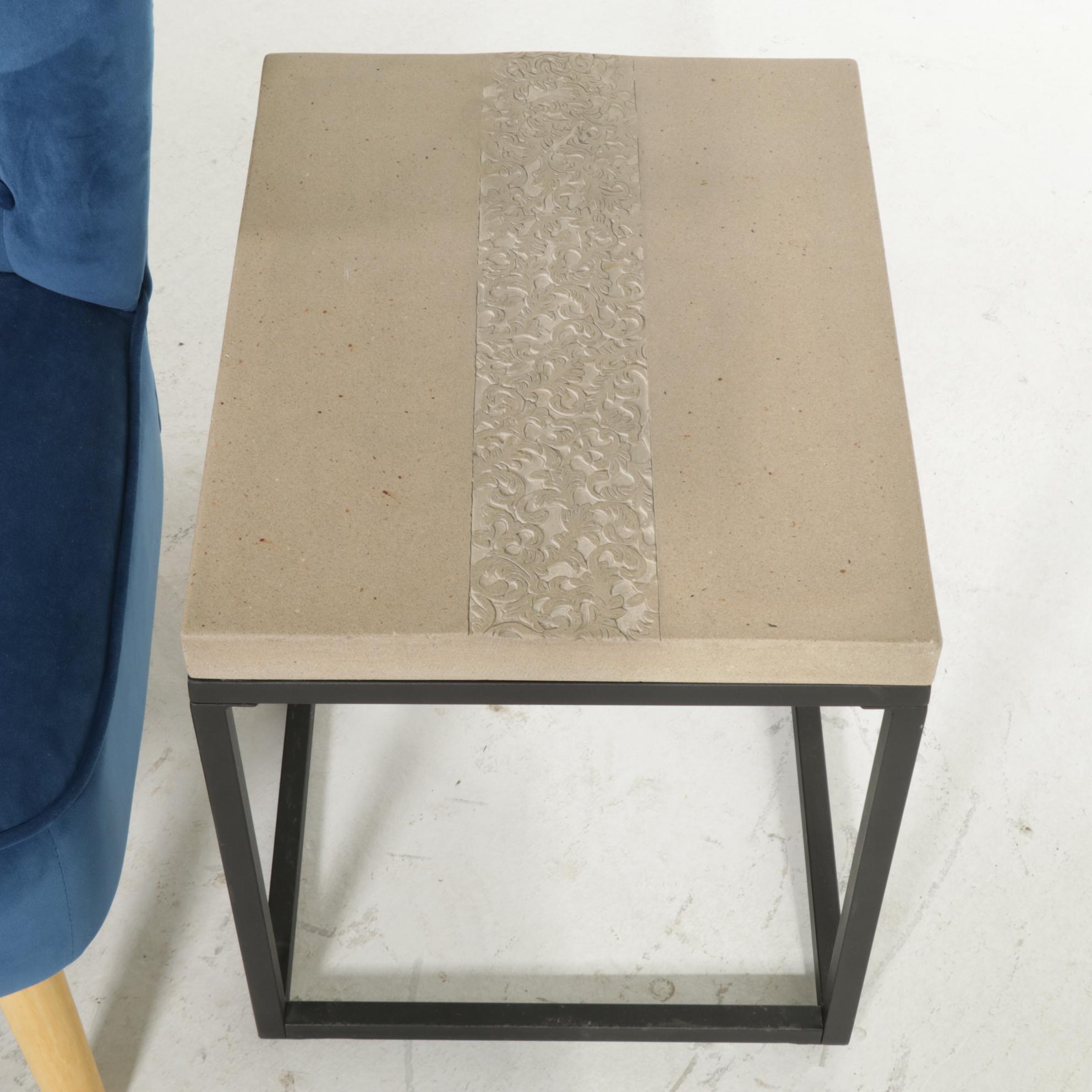 Mid Century Modern Style Upholstered Chair with Metal and Cast Stone End Table