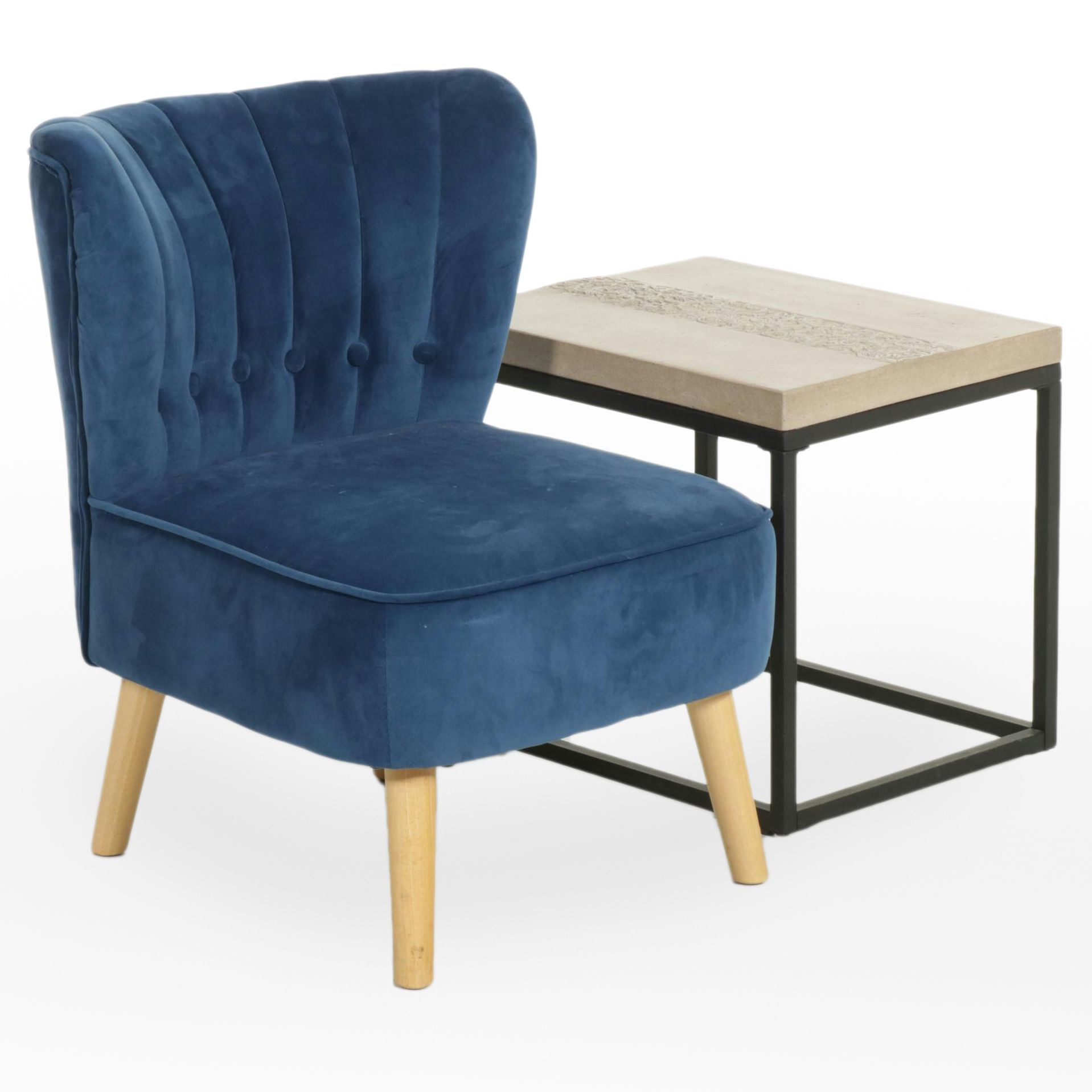 Mid Century Modern Style Upholstered Chair with Metal and Cast Stone End Table