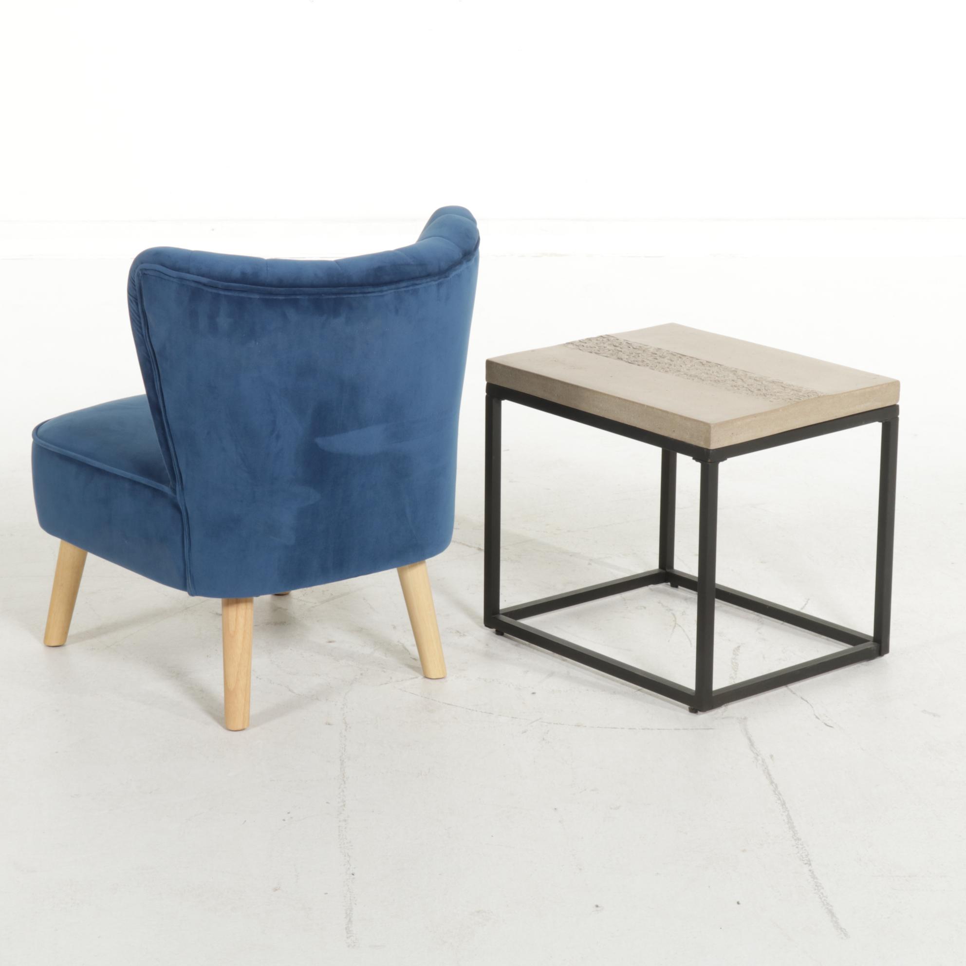 Mid Century Modern Style Upholstered Chair with Metal and Cast Stone End Table