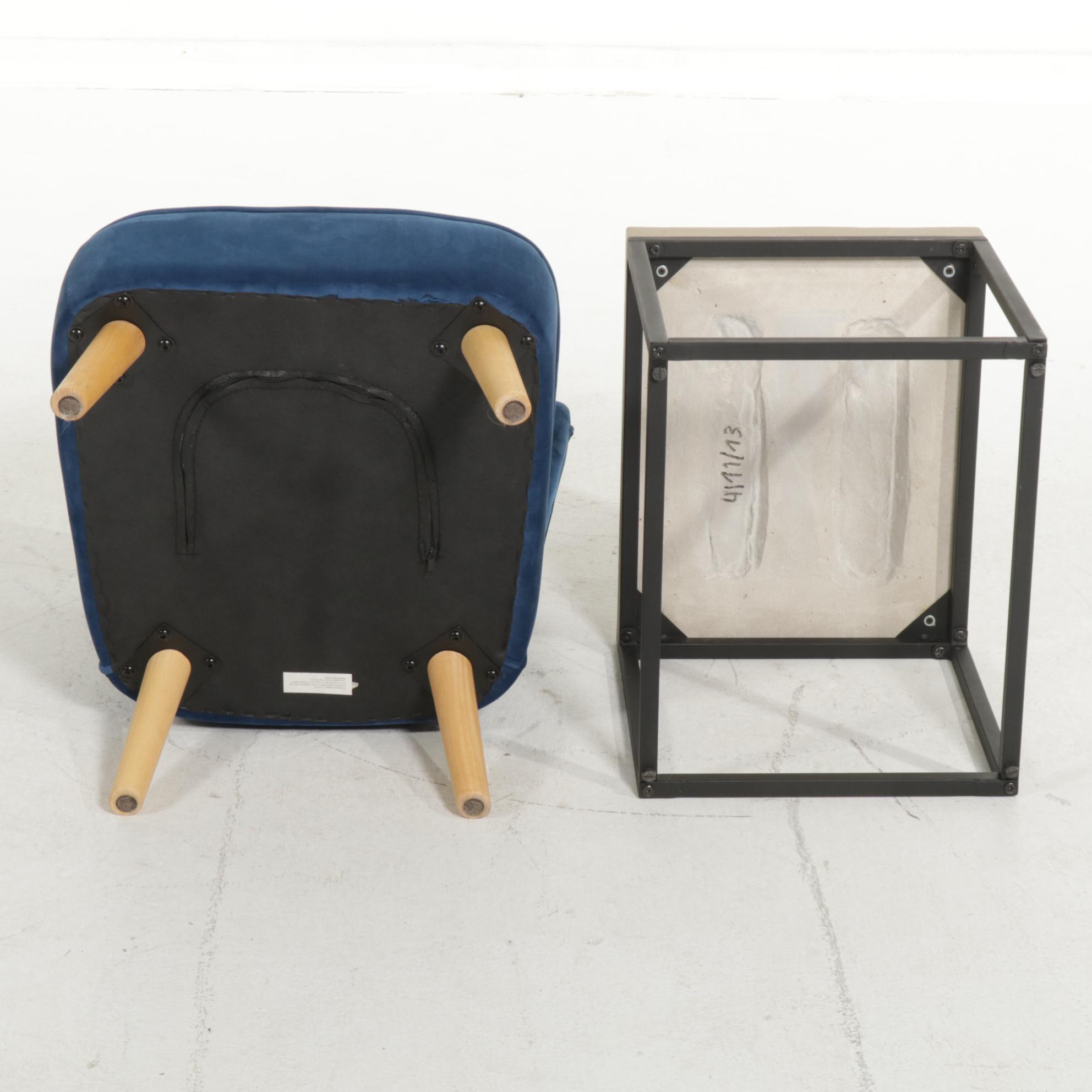 Mid Century Modern Style Upholstered Chair with Metal and Cast Stone End Table