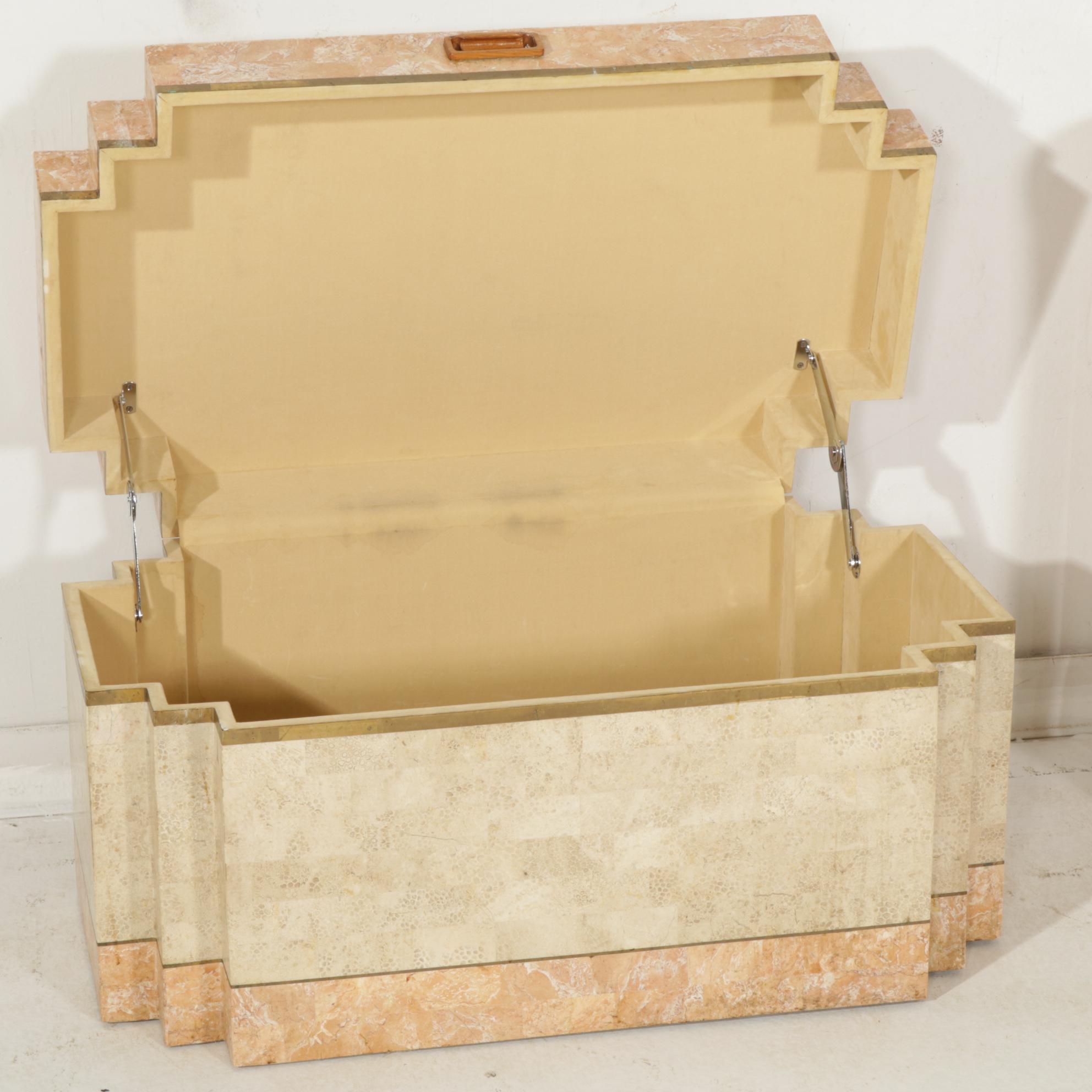 Art Deco Revival Brass-Inlaid and Tessellated Pink Marble Vanity Table and Chest