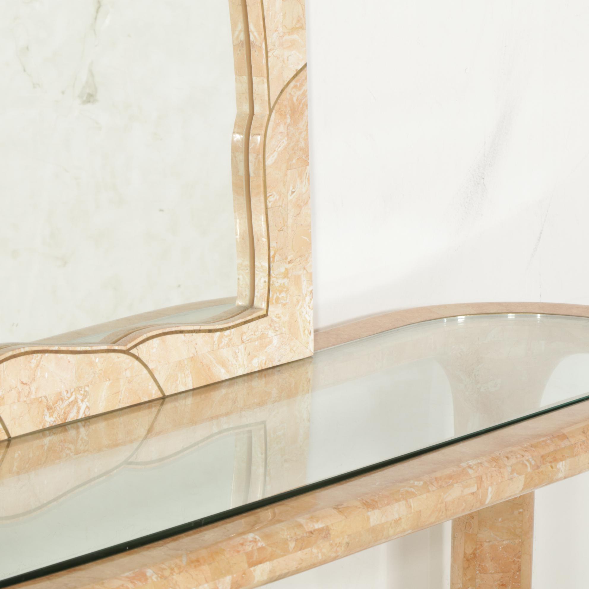 Art Deco Revival Brass-Inlaid and Tessellated Pink Marble Vanity Table and Chest