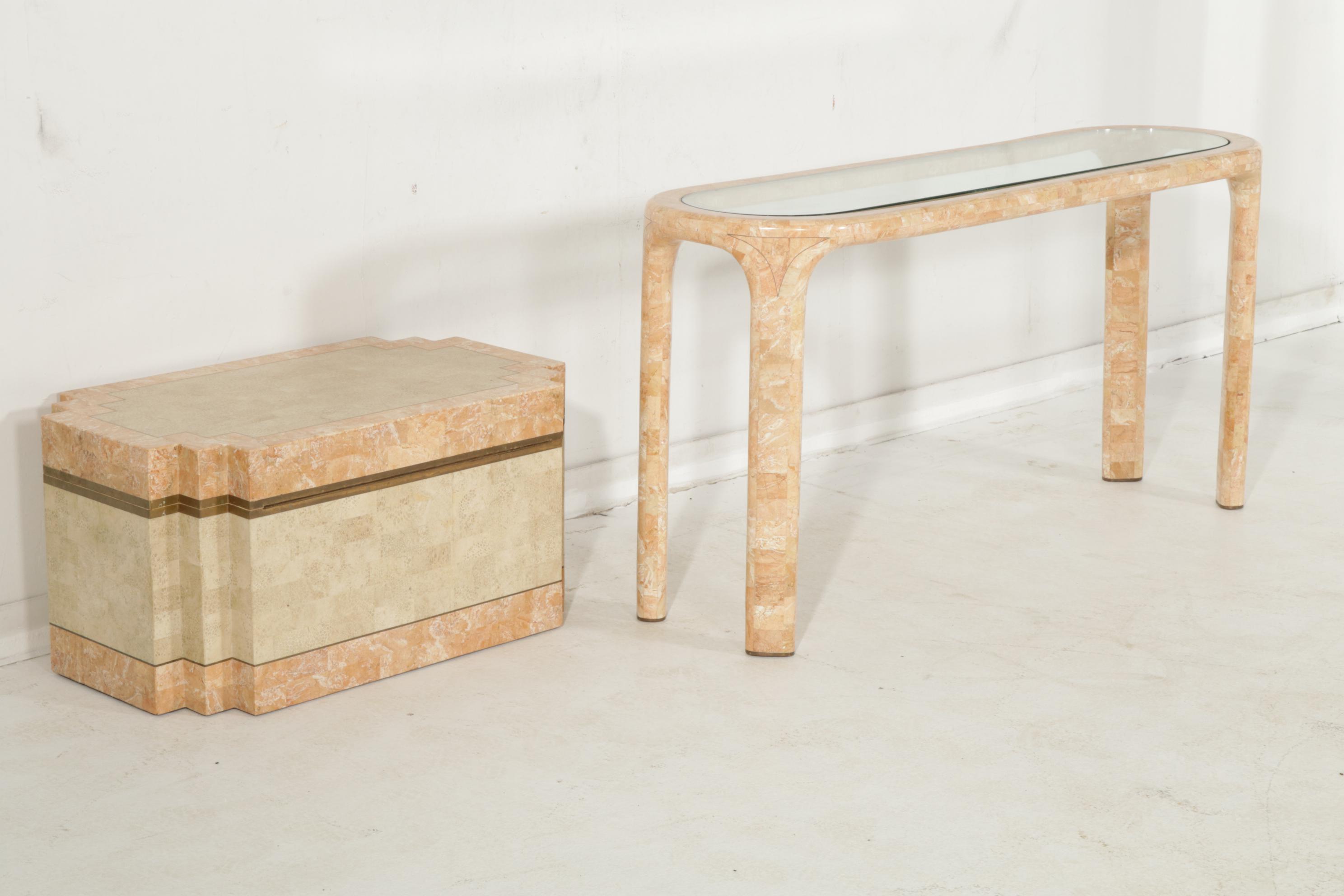 Art Deco Revival Brass-Inlaid and Tessellated Pink Marble Vanity Table and Chest